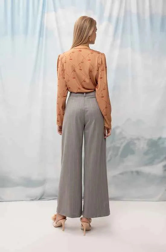 Wide-Leg Pleated Pants Gray Stripes