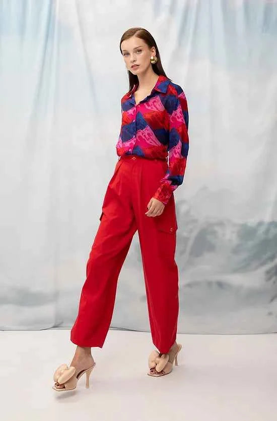 Long-Sleeve Chifon Shirt Mountains Red