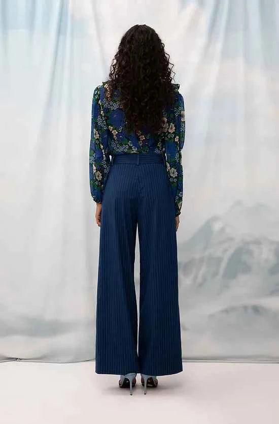 Wide-Leg Pleated Pants Blue Stripes