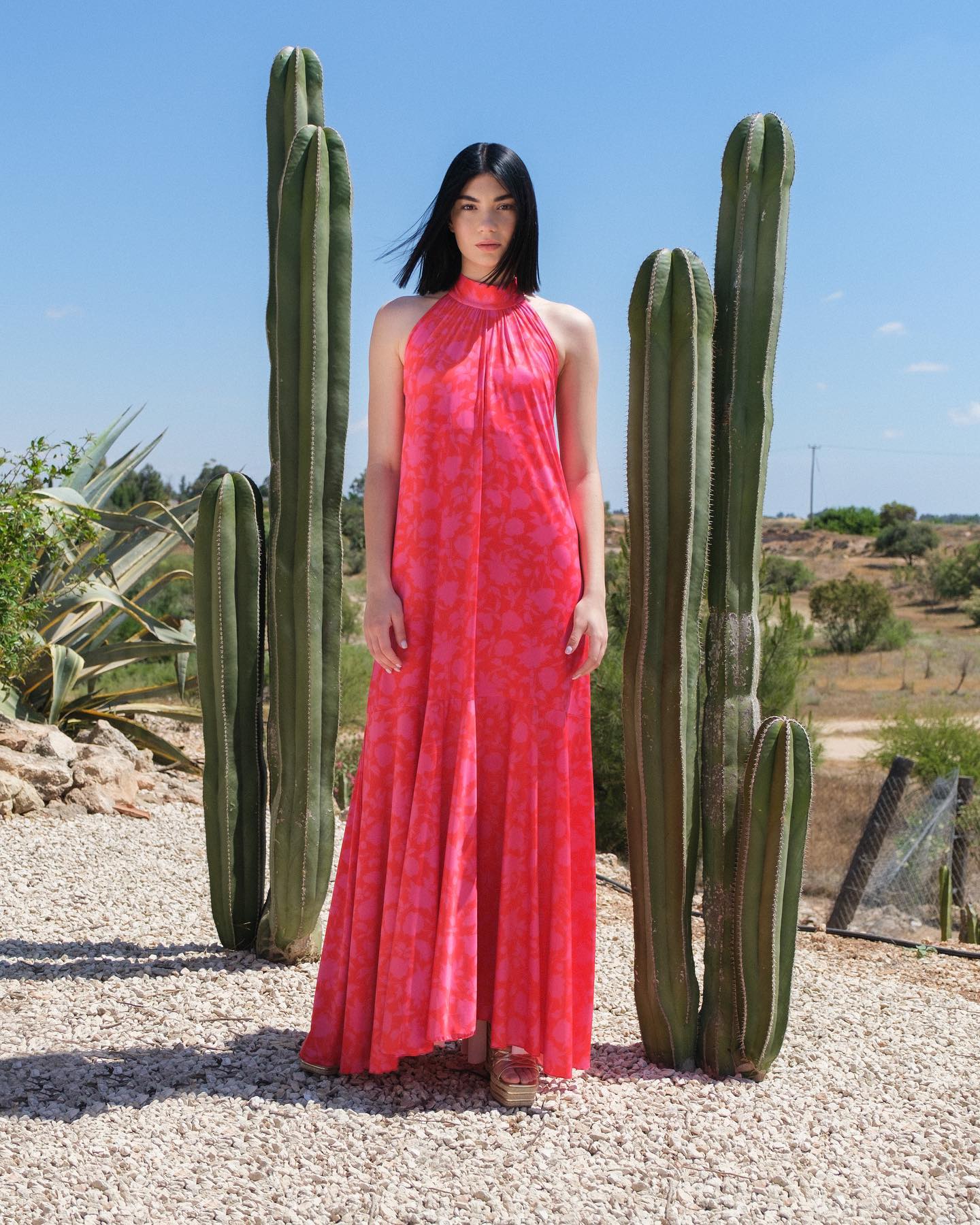 Woman in a red dress standing next to cacti in a desert-like setting