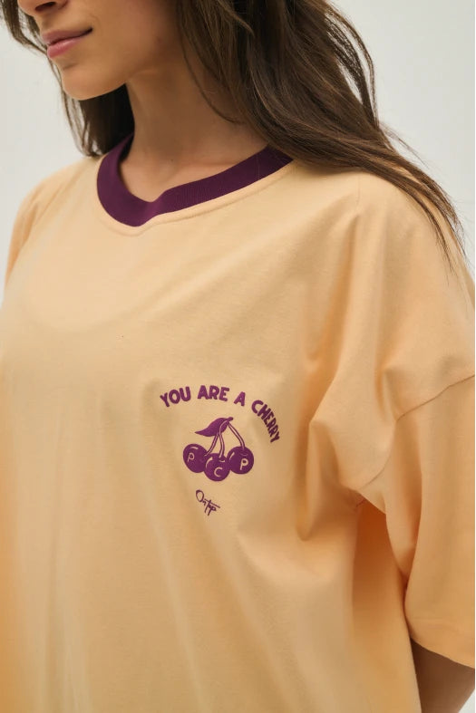 Γυναικειο κοντομανικο μπλουζακι με μεταξοτυπια - Cherry - Andreakou Concept Store