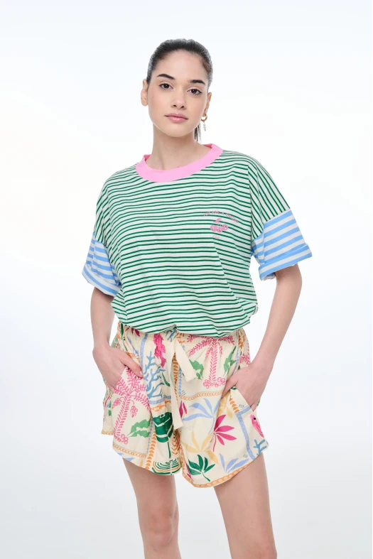 Γυναικειο κοντομανικο μπλουζακι με μεταξοτυπια - Cherry Stripes - Andreakou Concept Store