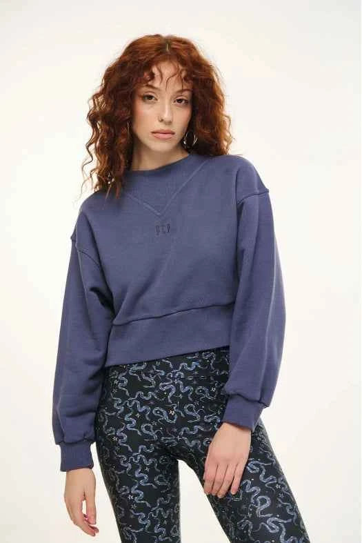 Person wearing a blue sweatshirt and patterned leggings on a white background