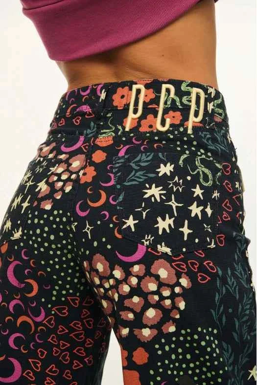 Colorful patterned leggings with a brand logo on a white background