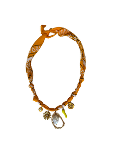 Badhnati Jewelry tangerine Colombiana fabric necklace with pearl pendant in gold-tone frame and green horn charm