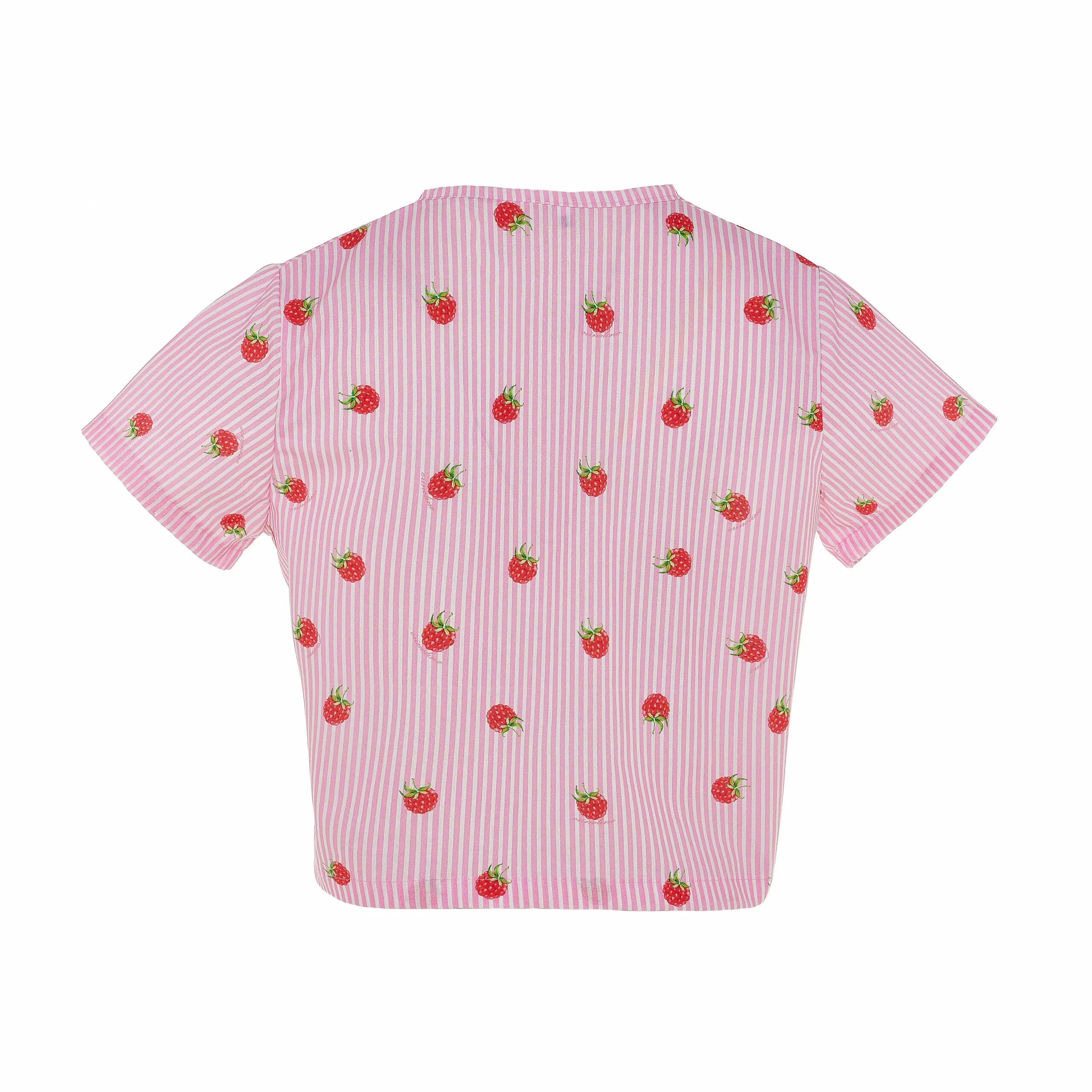 Pink and white striped shirt with strawberry pattern on a white background