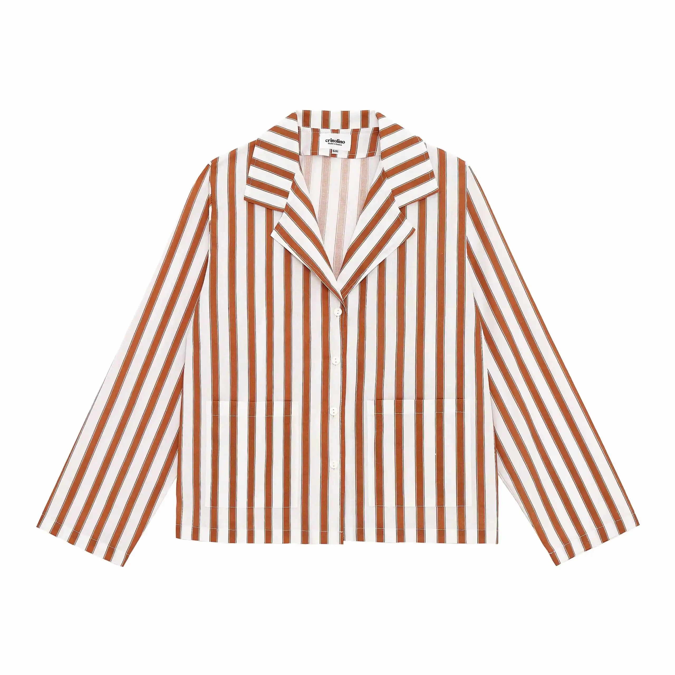 Striped shirt with brown and white vertical stripes on a white background