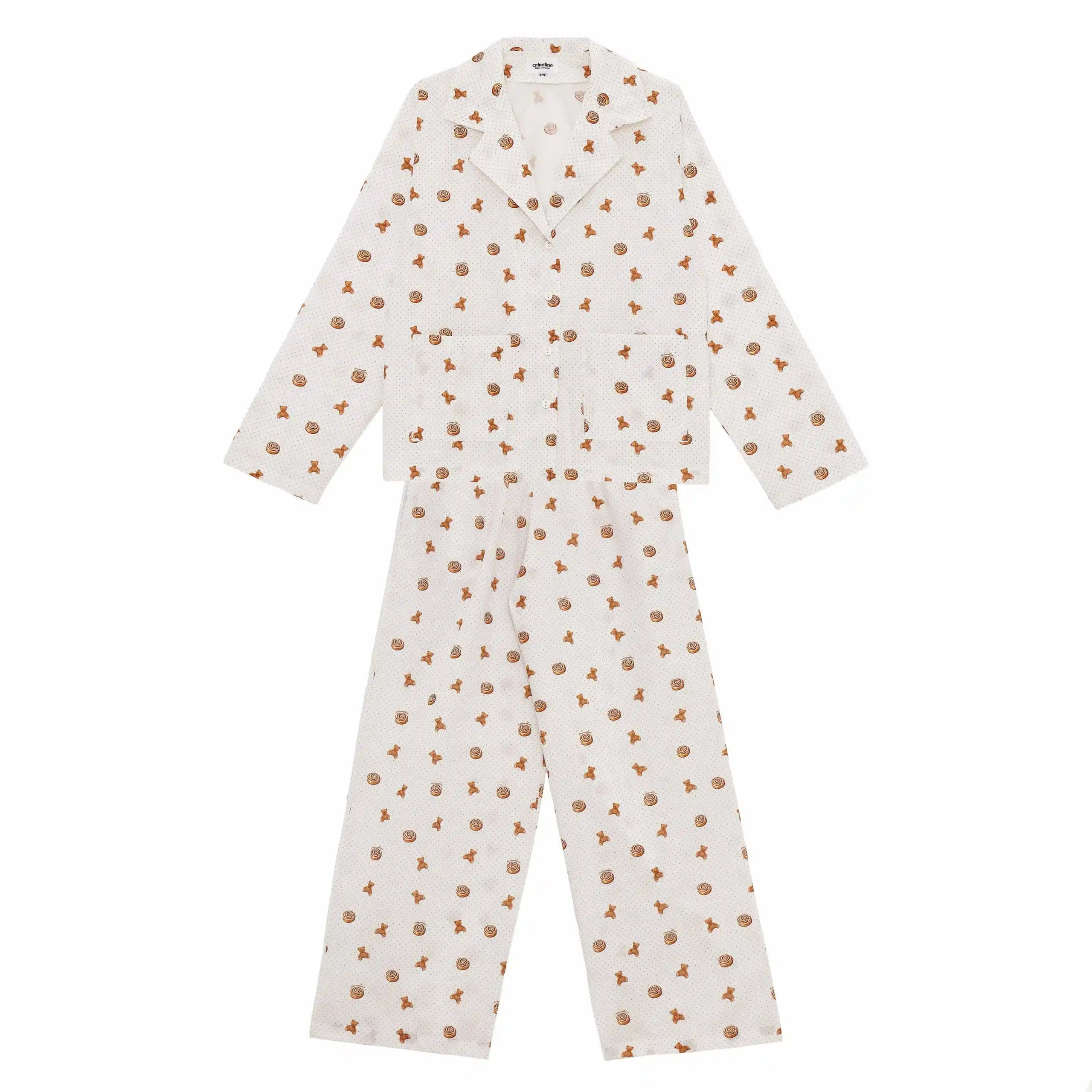 White onesie with small brown patterns on a white background