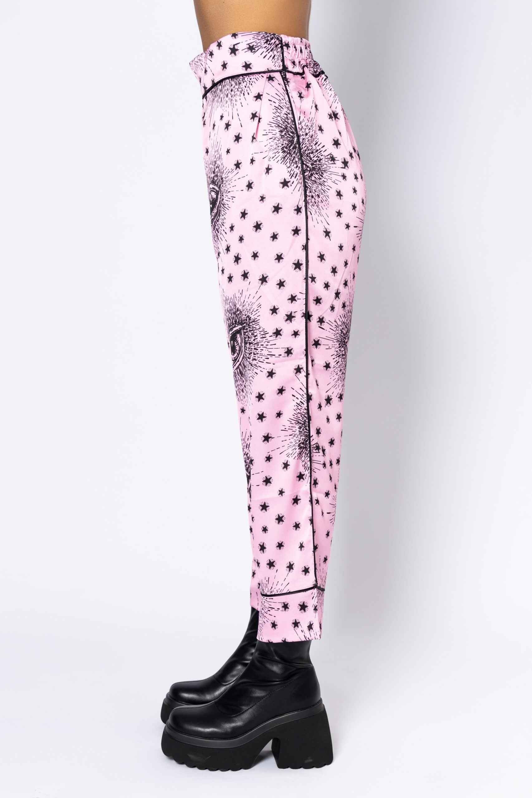 Satin ”Carrot” Light Pink & Black Eyes All Over Print Trouser