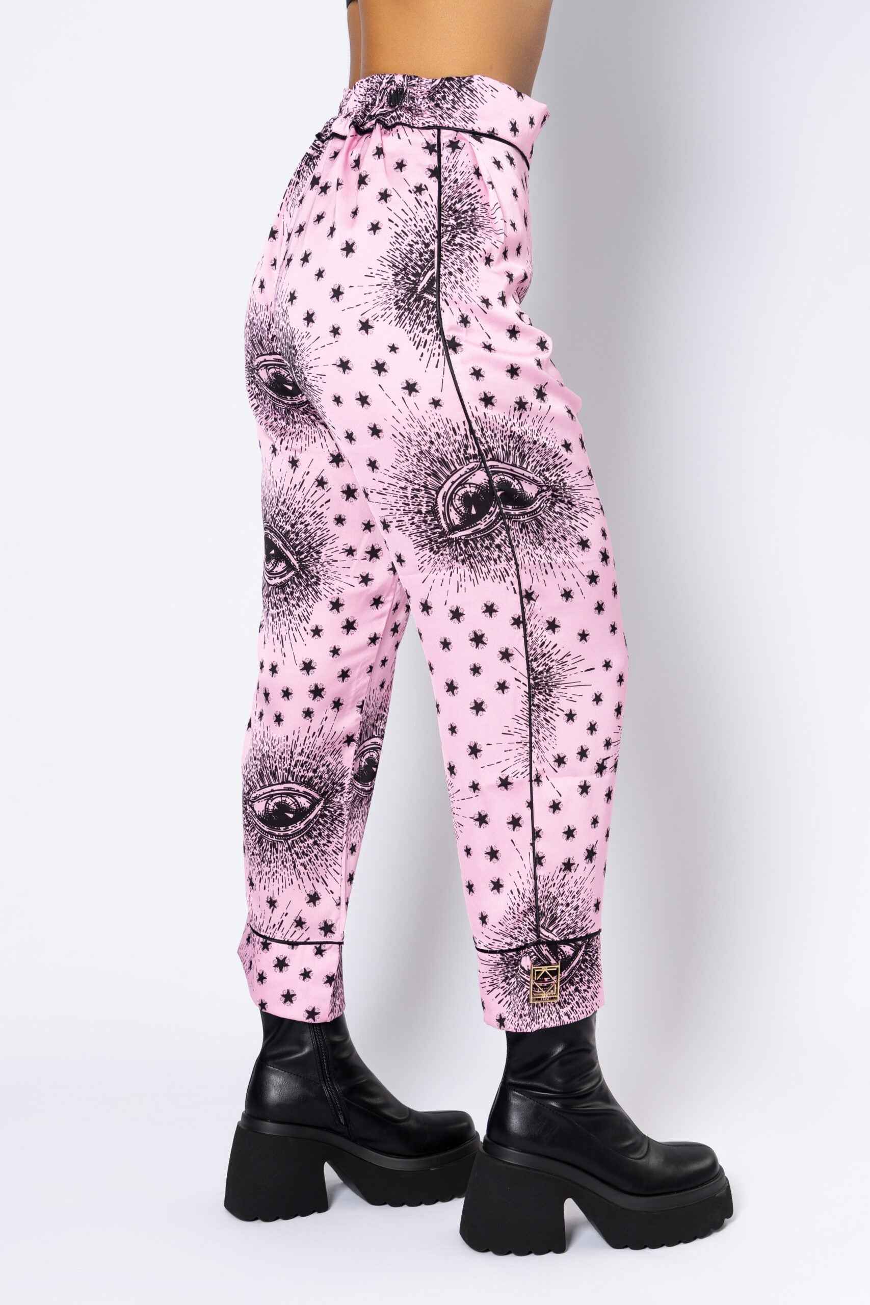 Satin ”Carrot” Light Pink & Black Eyes All Over Print Trouser