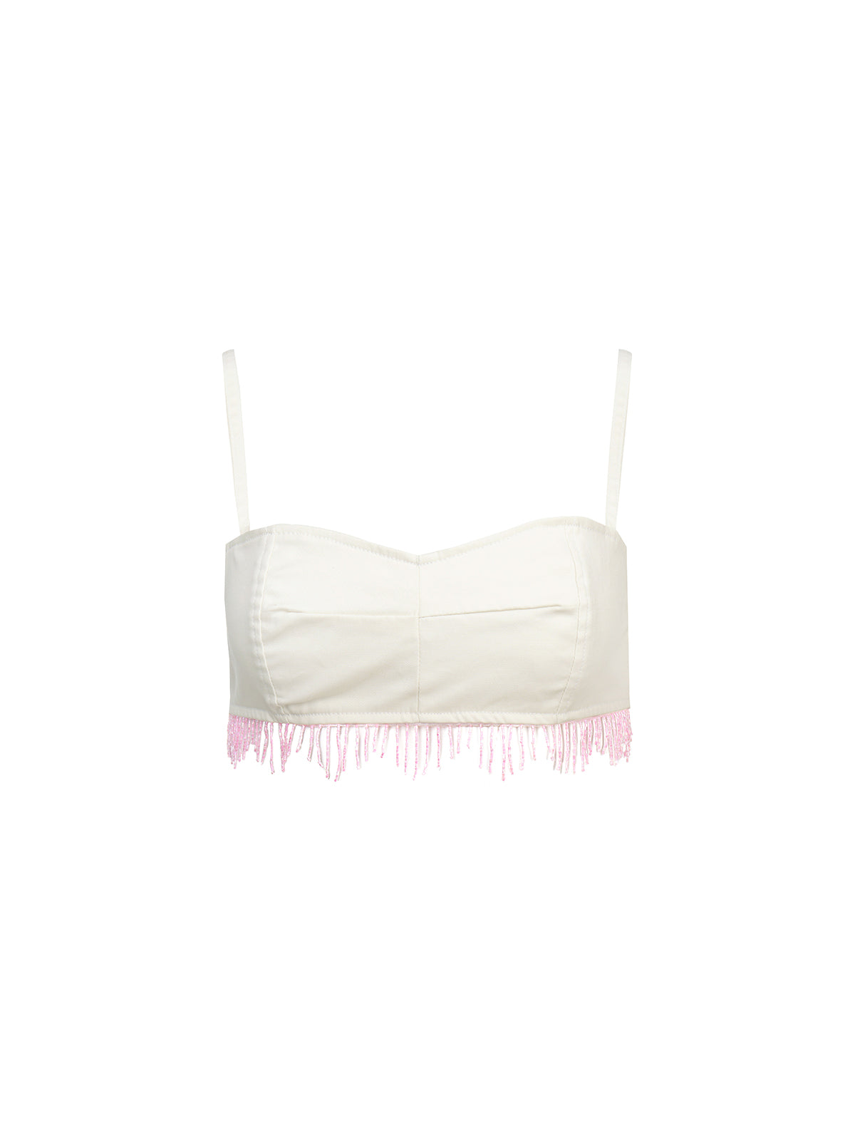 White strapless top with pink fringe trim on a white background