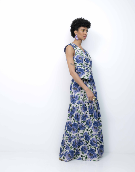 Woman wearing a floral dress on a white background