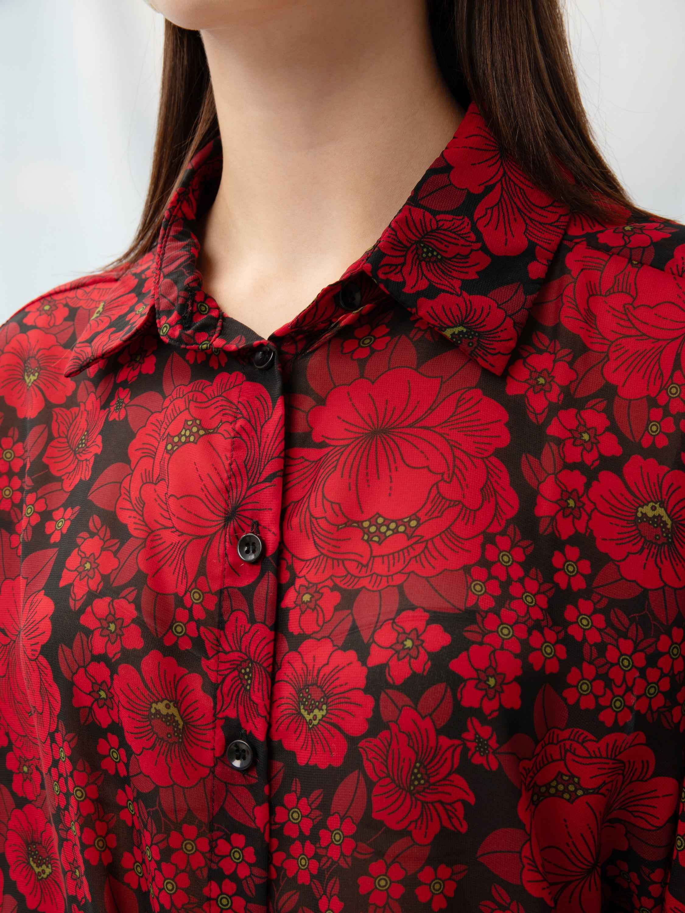 Long Sleeve Chiffon Shirt with Red Flower Design