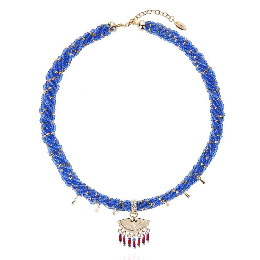 Blue beaded necklace with gold and red accents on a white background