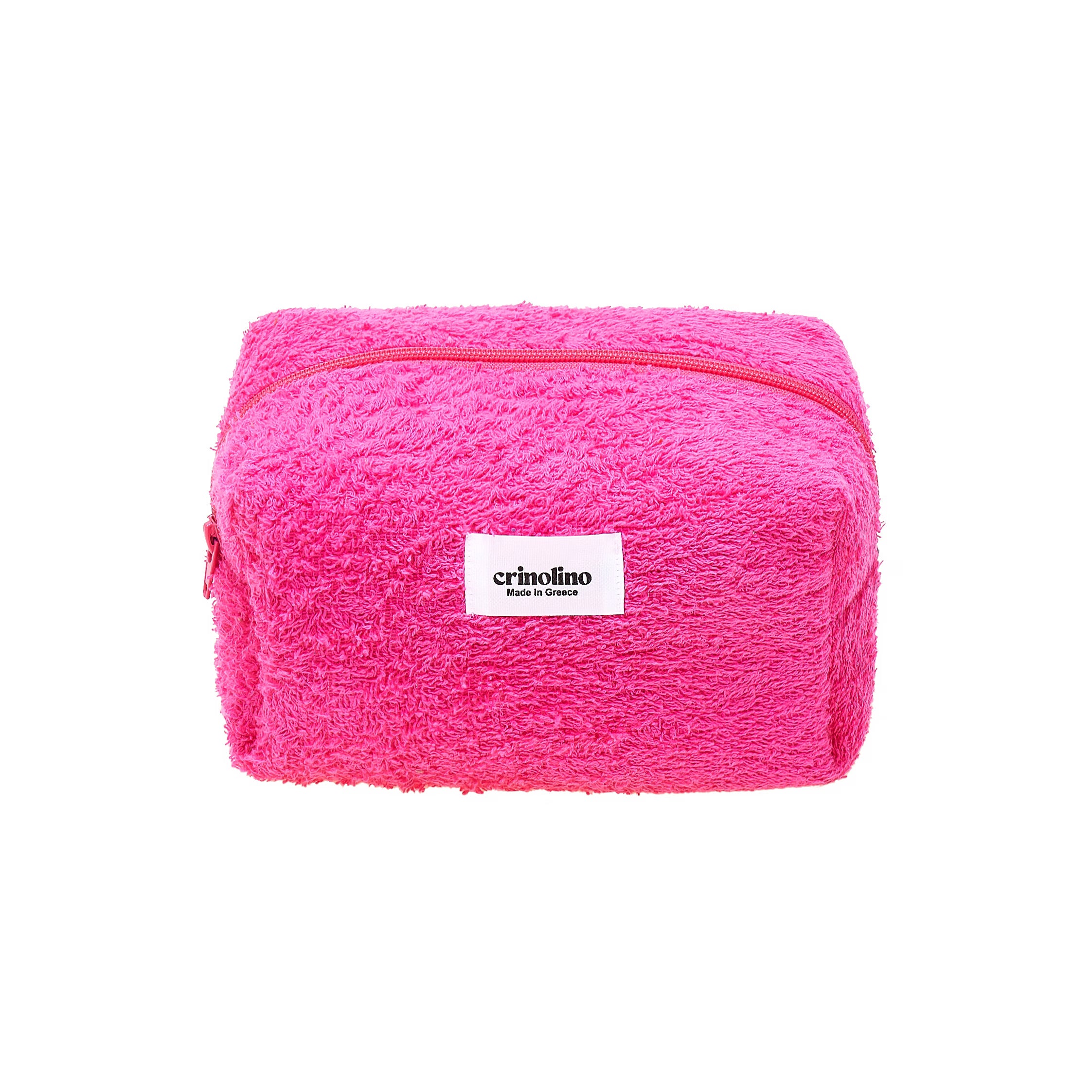 Pink textured pouch with a visible brand label on a white background