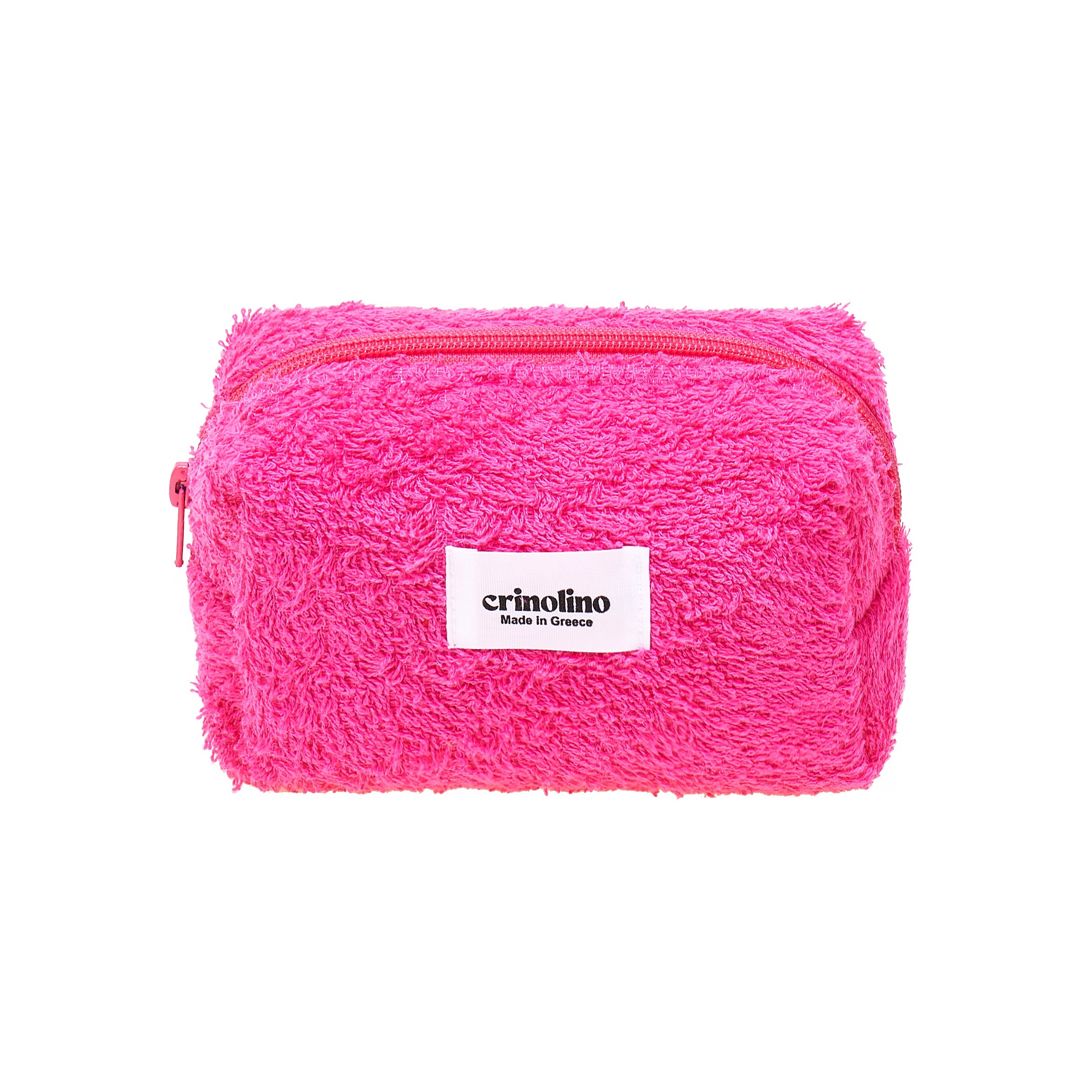 Pink fuzzy pouch with a visible brand label 'Crinolino' on a white background