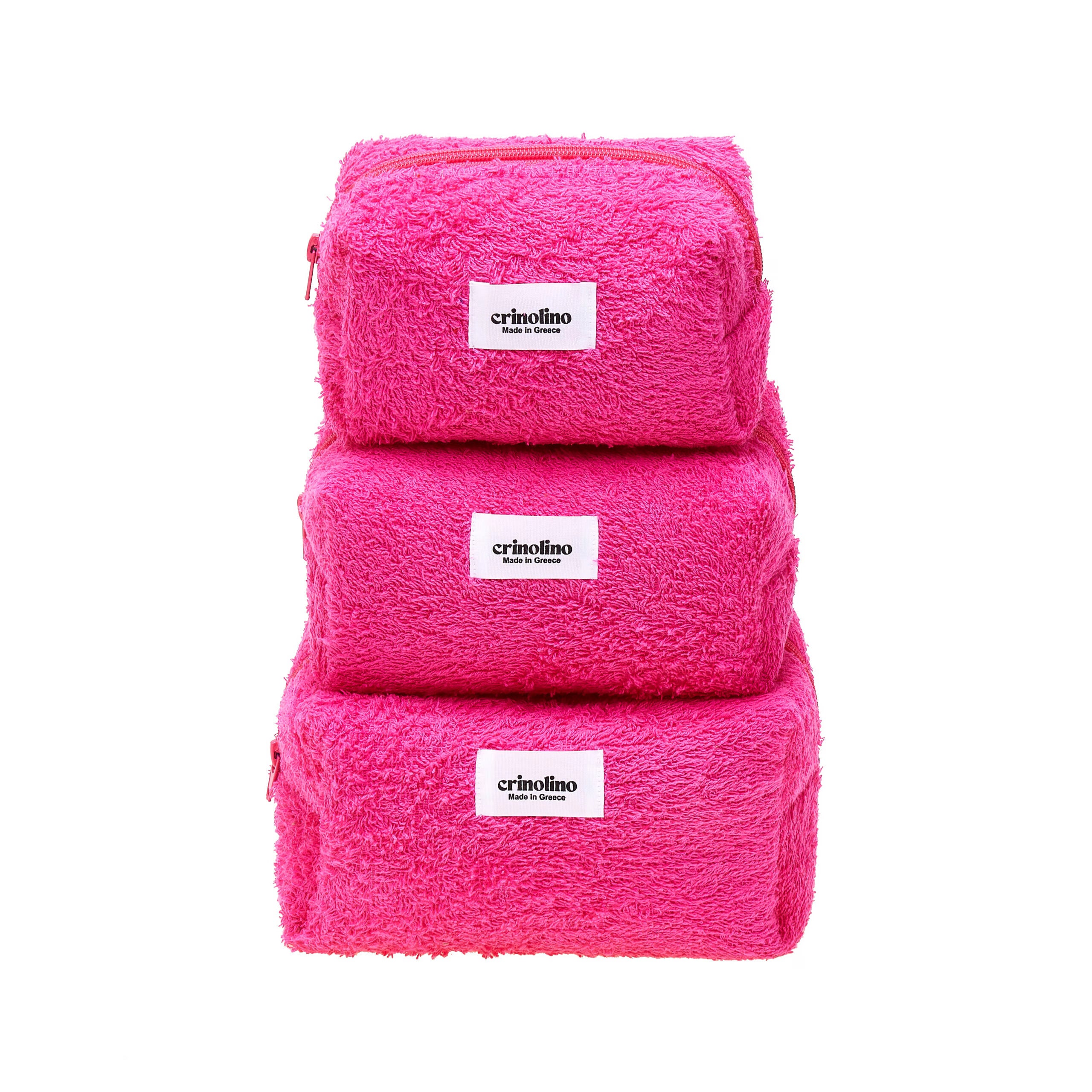 Three pink textured bags stacked on a white background with 'crinolino' branding.