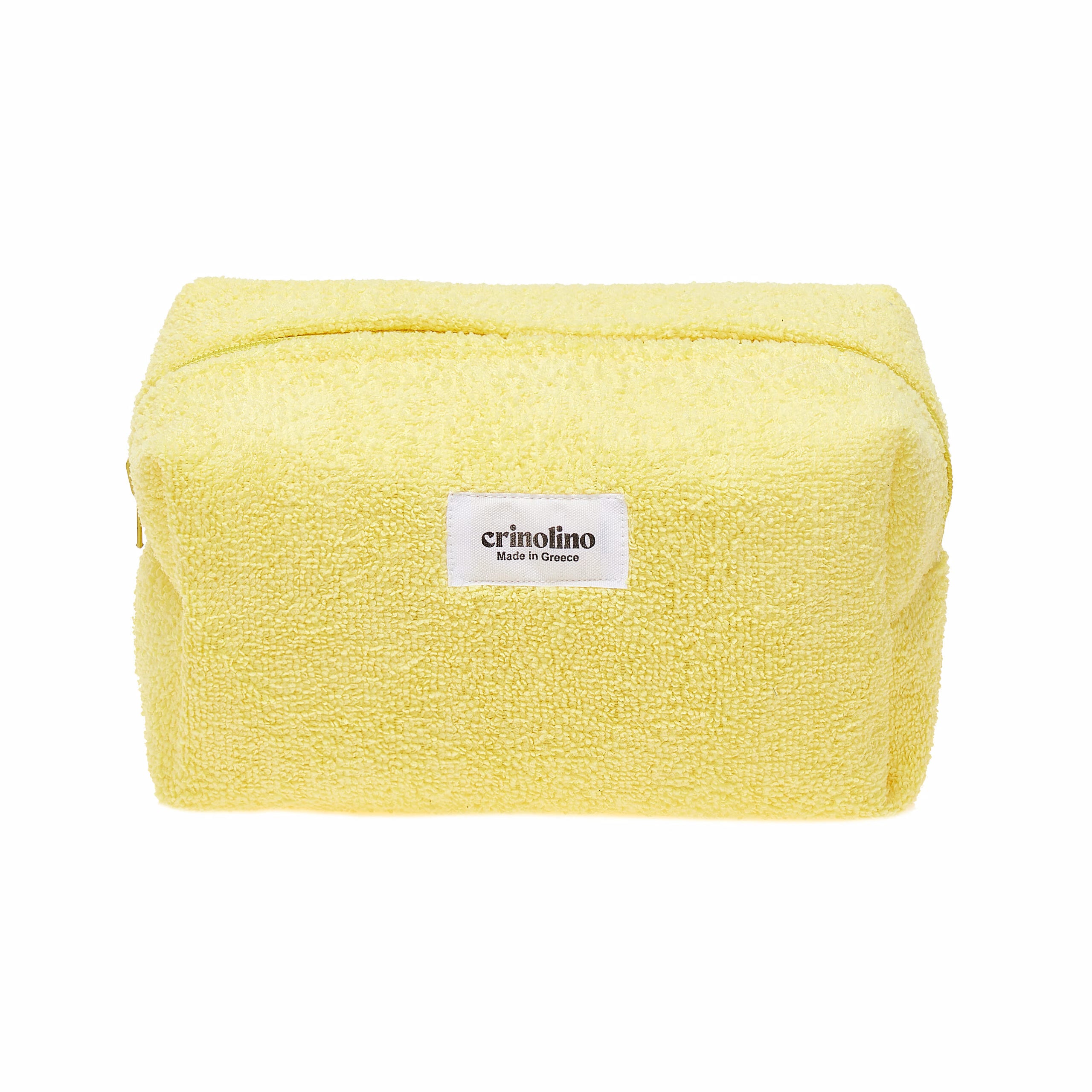 Yellow textured pouch with a 'crinolino' label on a white background