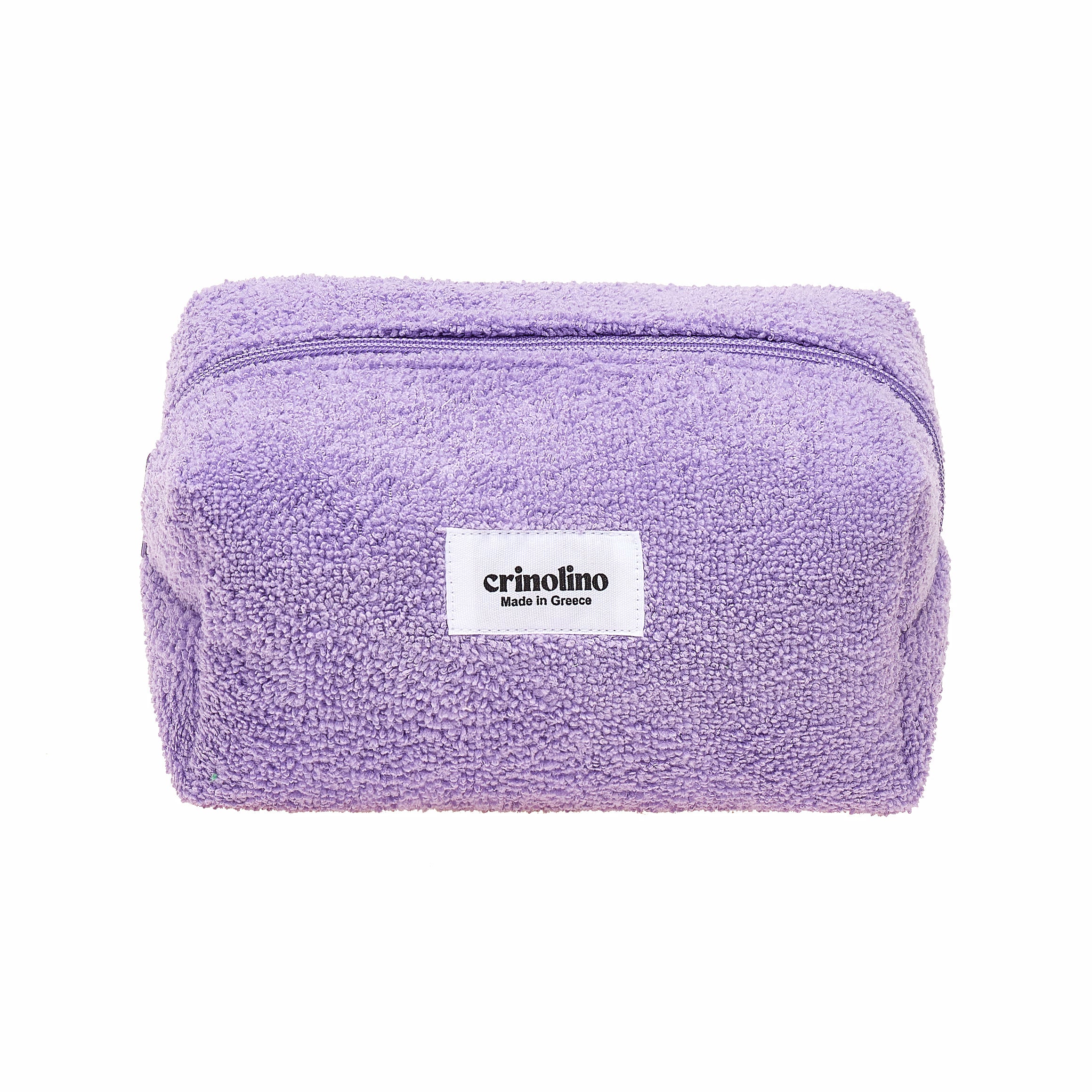 Purple pouch with a visible brand label on a white background