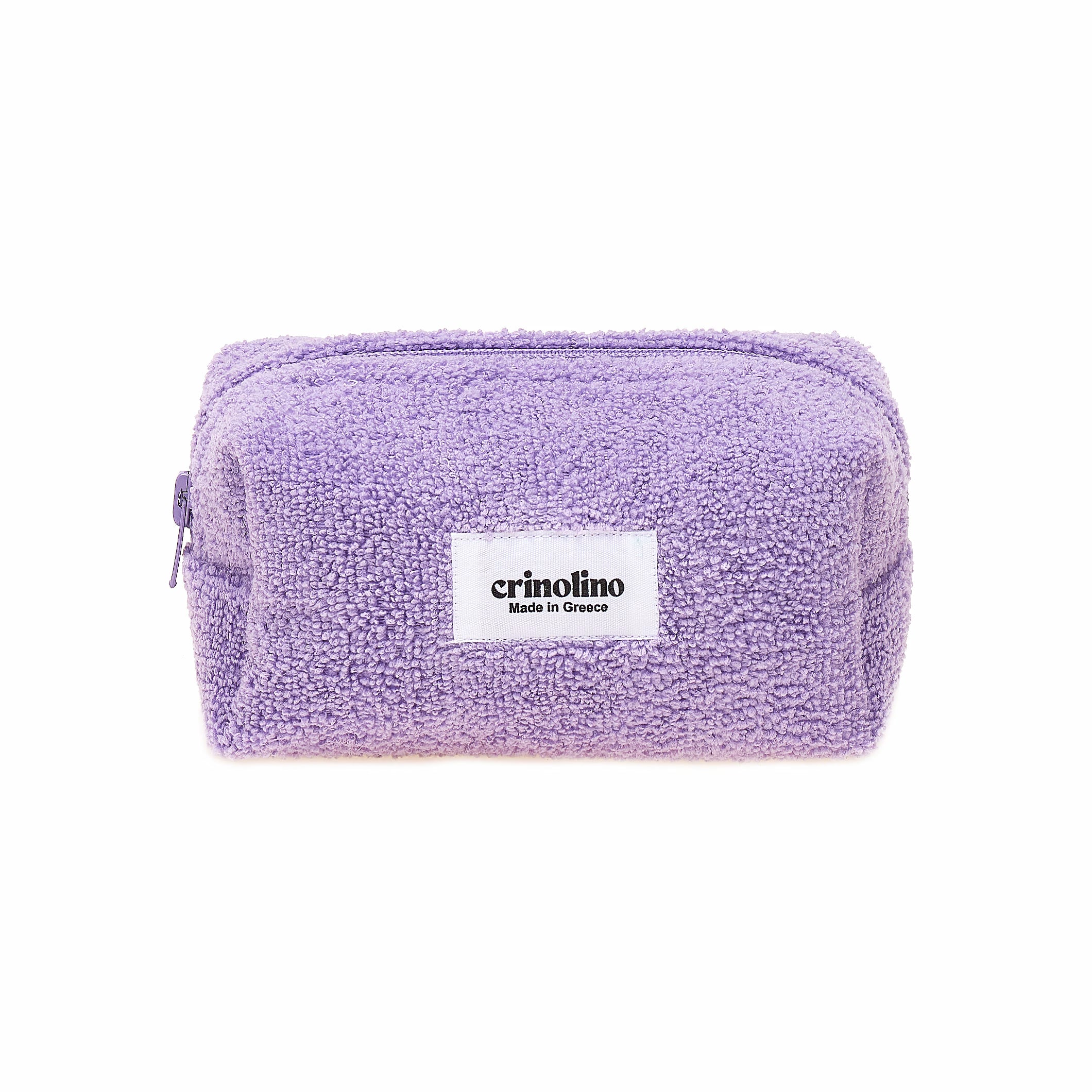 Purple textured pouch with a visible brand label on a white background