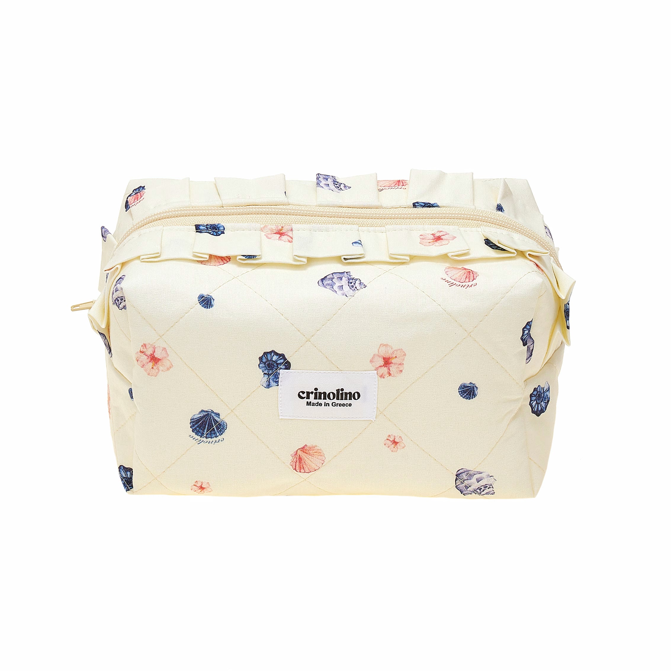 Quilted cosmetic bag with floral pattern and 'crinolino' label on a white background