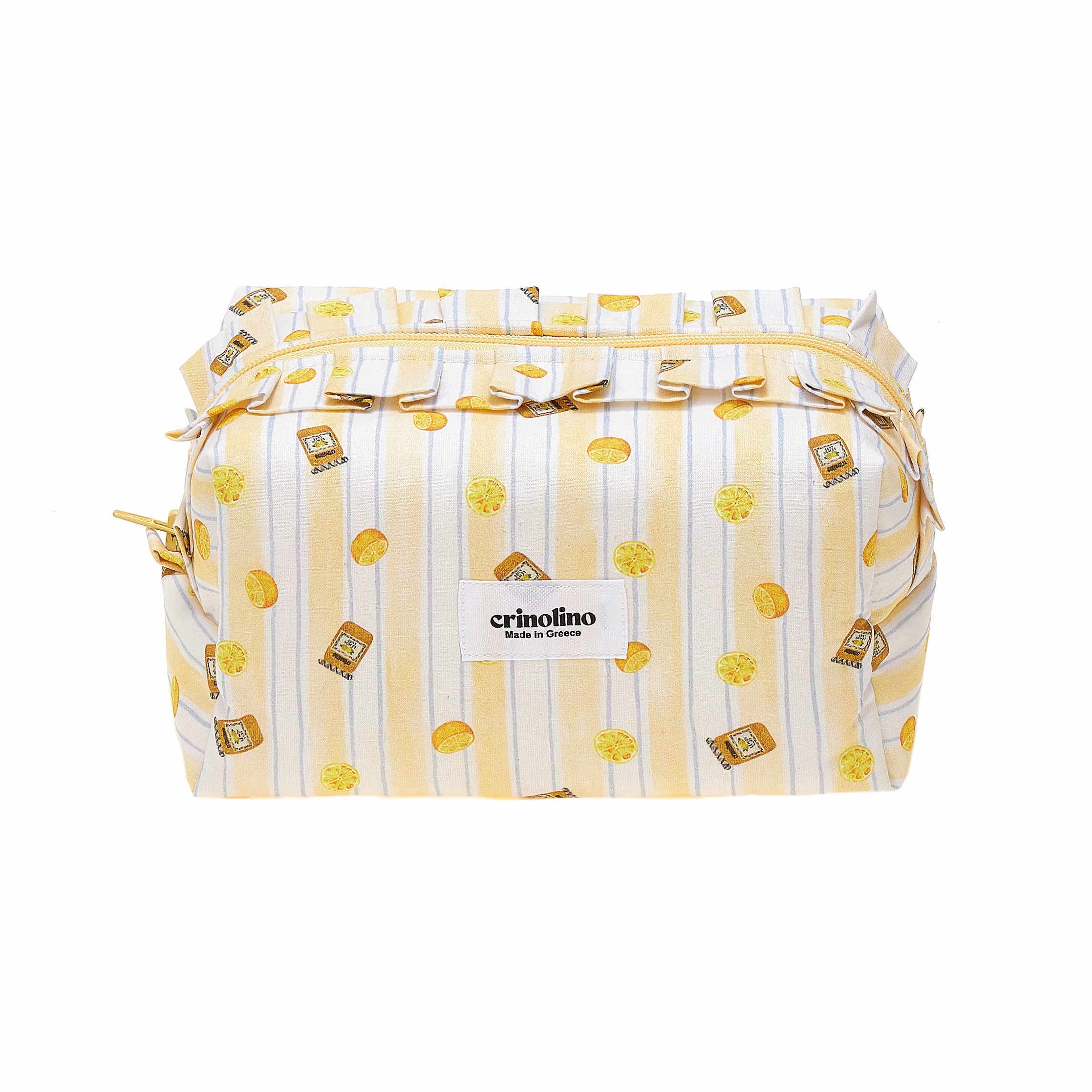 Yellow and white striped bag with decorative elements on a white background