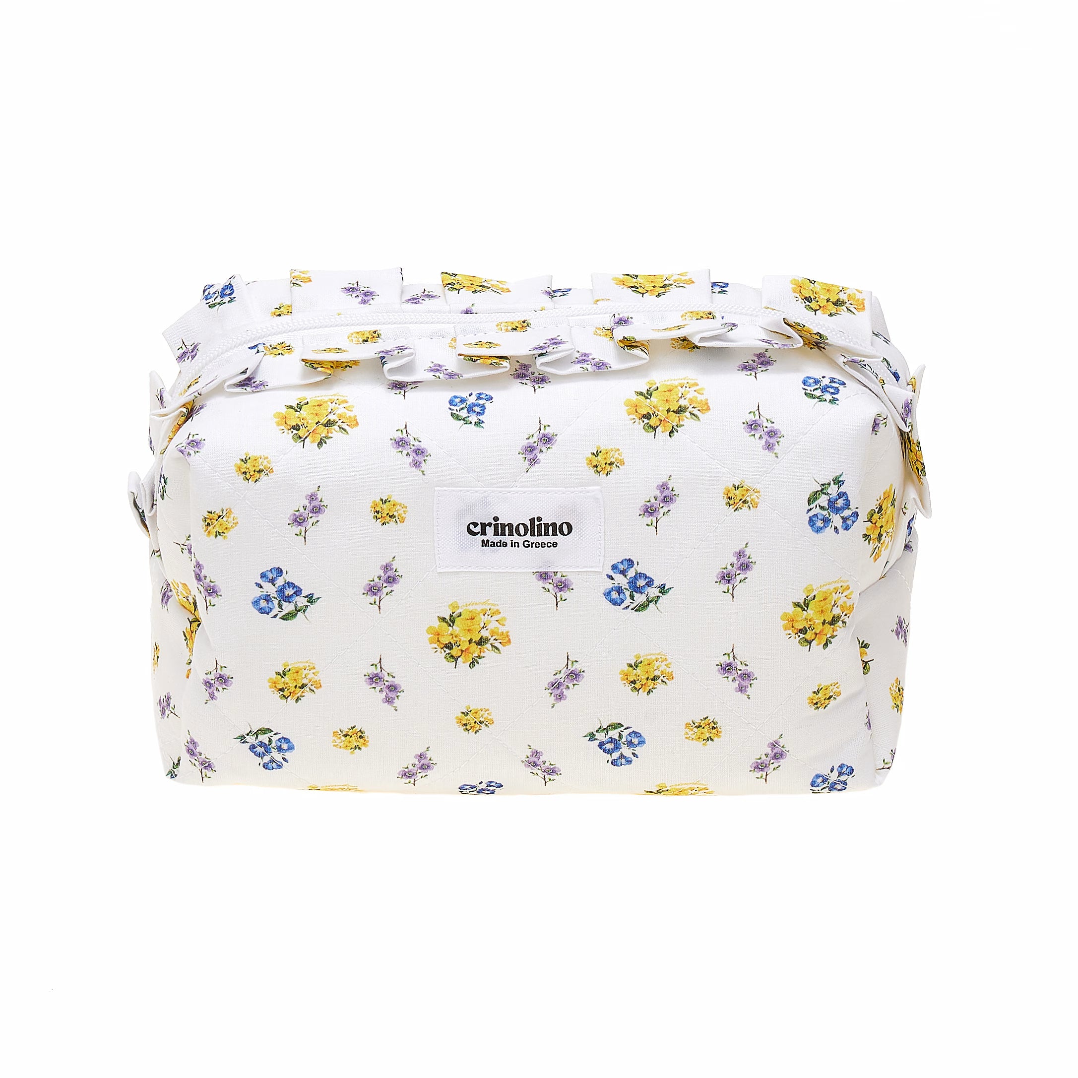 Floral-patterned bag with 'crinolino' branding on a white background