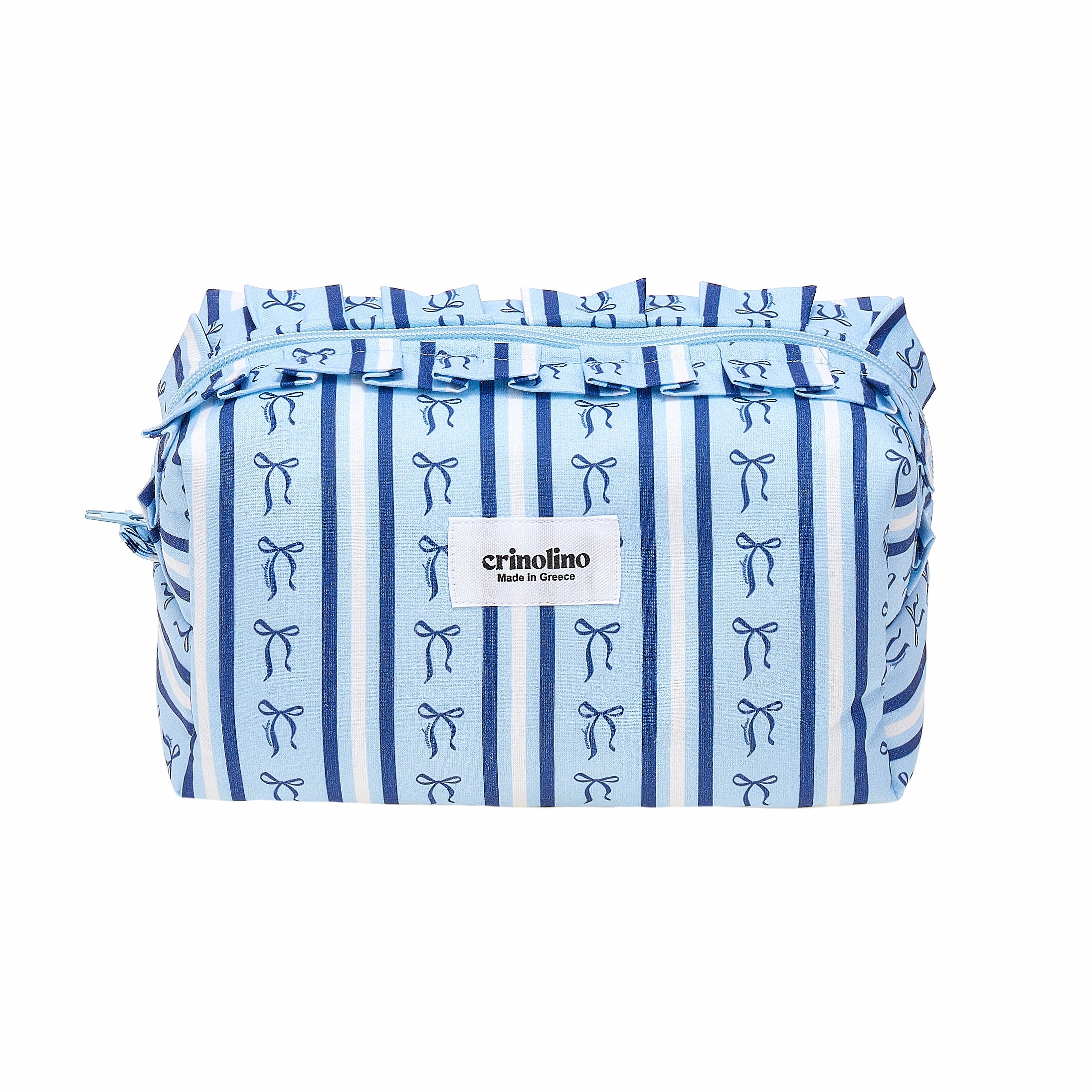 Blue and white striped bag with bow pattern on a white background