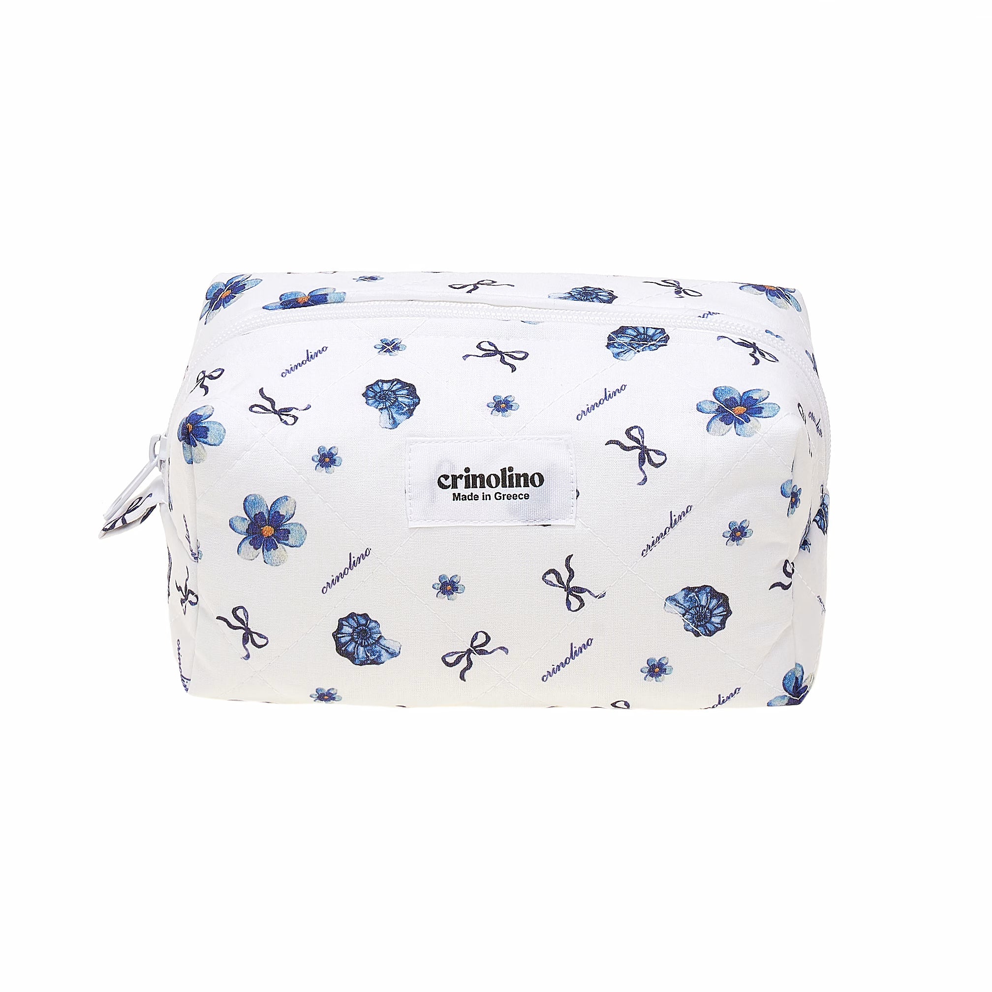 White cosmetic bag with floral and bow pattern on a white background, featuring the brand 'crinolino'.