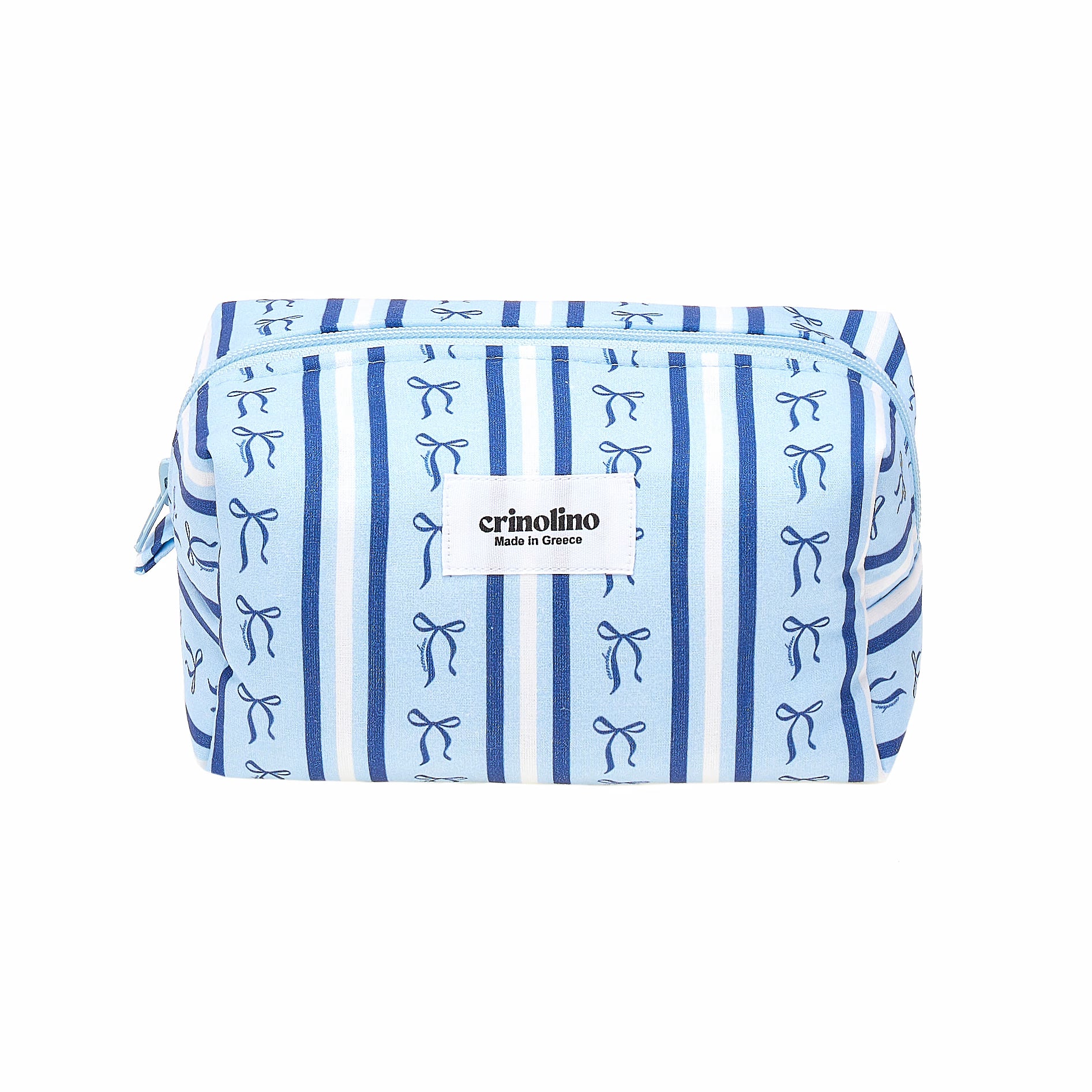 Blue and white striped pouch with bow pattern and 'crinoline' label on a white background