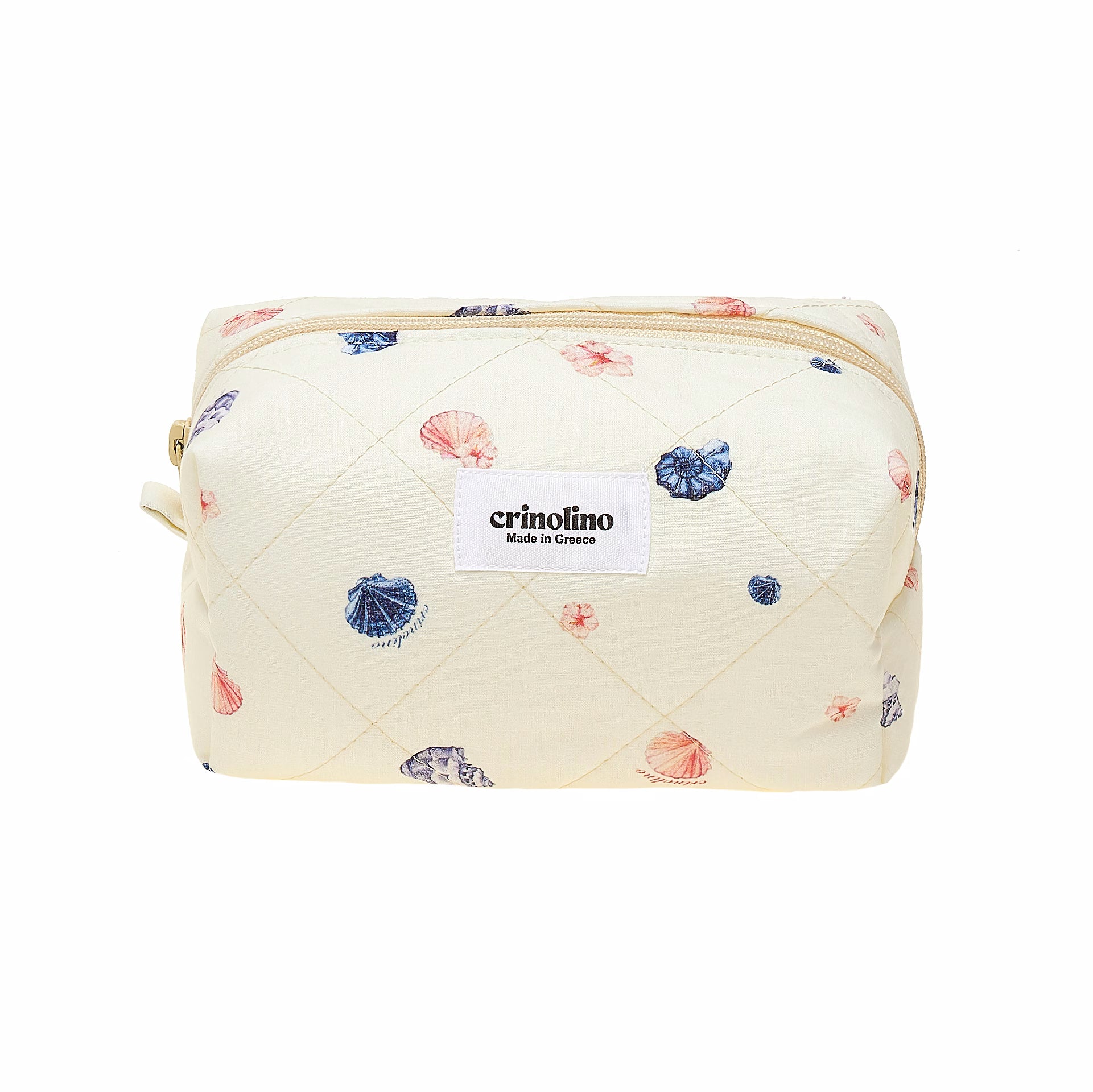 Quilted pouch with floral patterns and 'crinolino' label on a white background