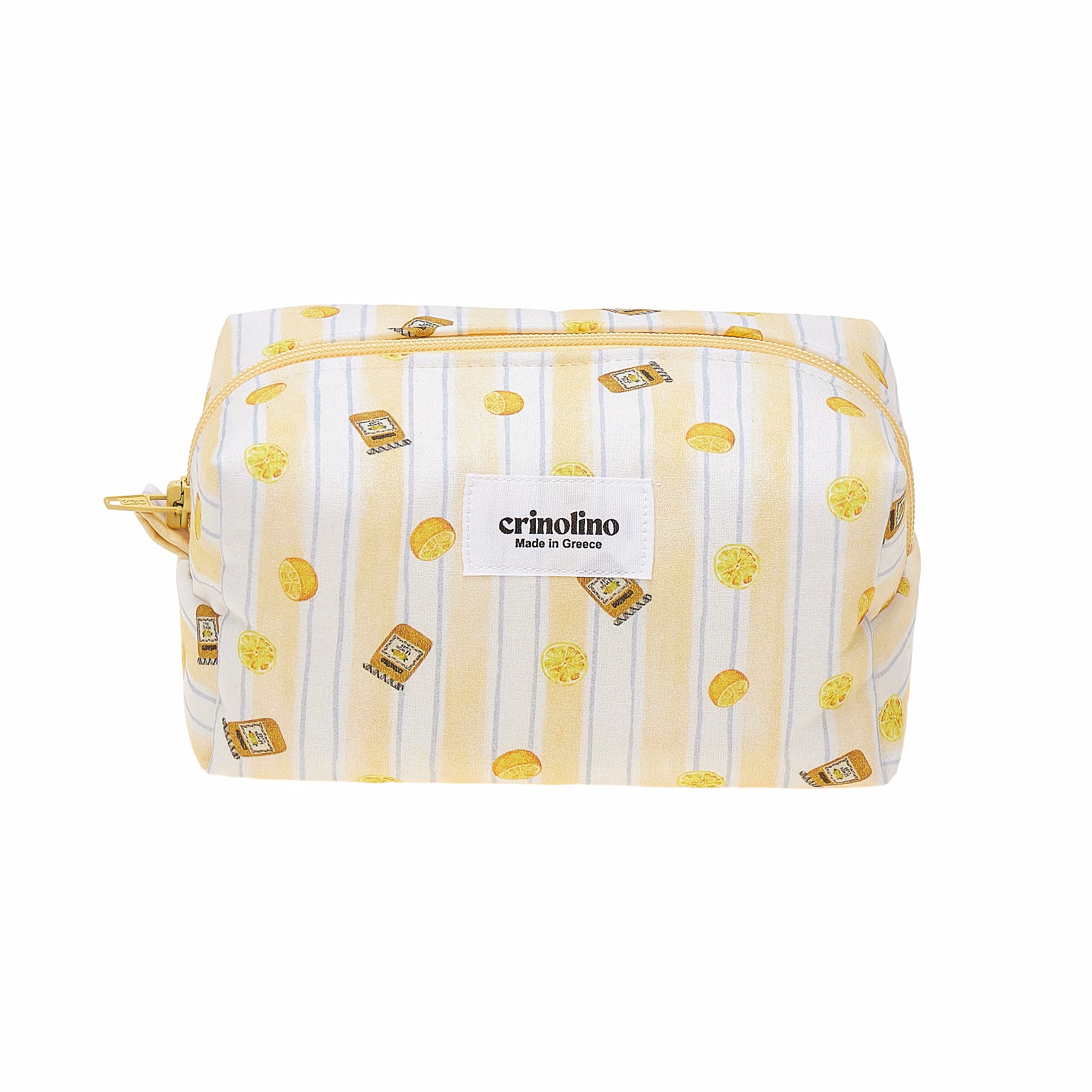 Striped pouch with lemon pattern and crinolino label on a white background