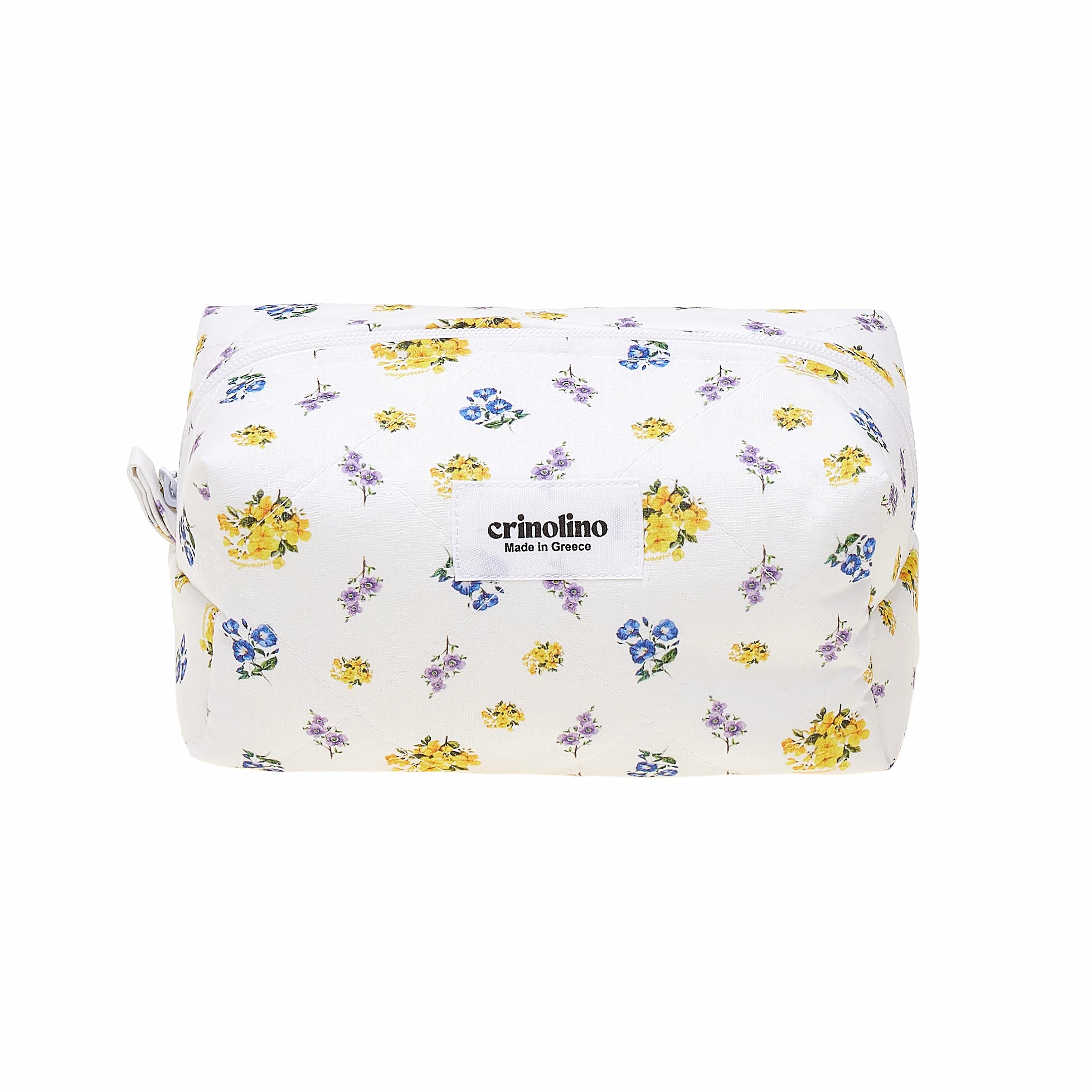 Floral-patterned pouch with 'crinolino' branding on a white background