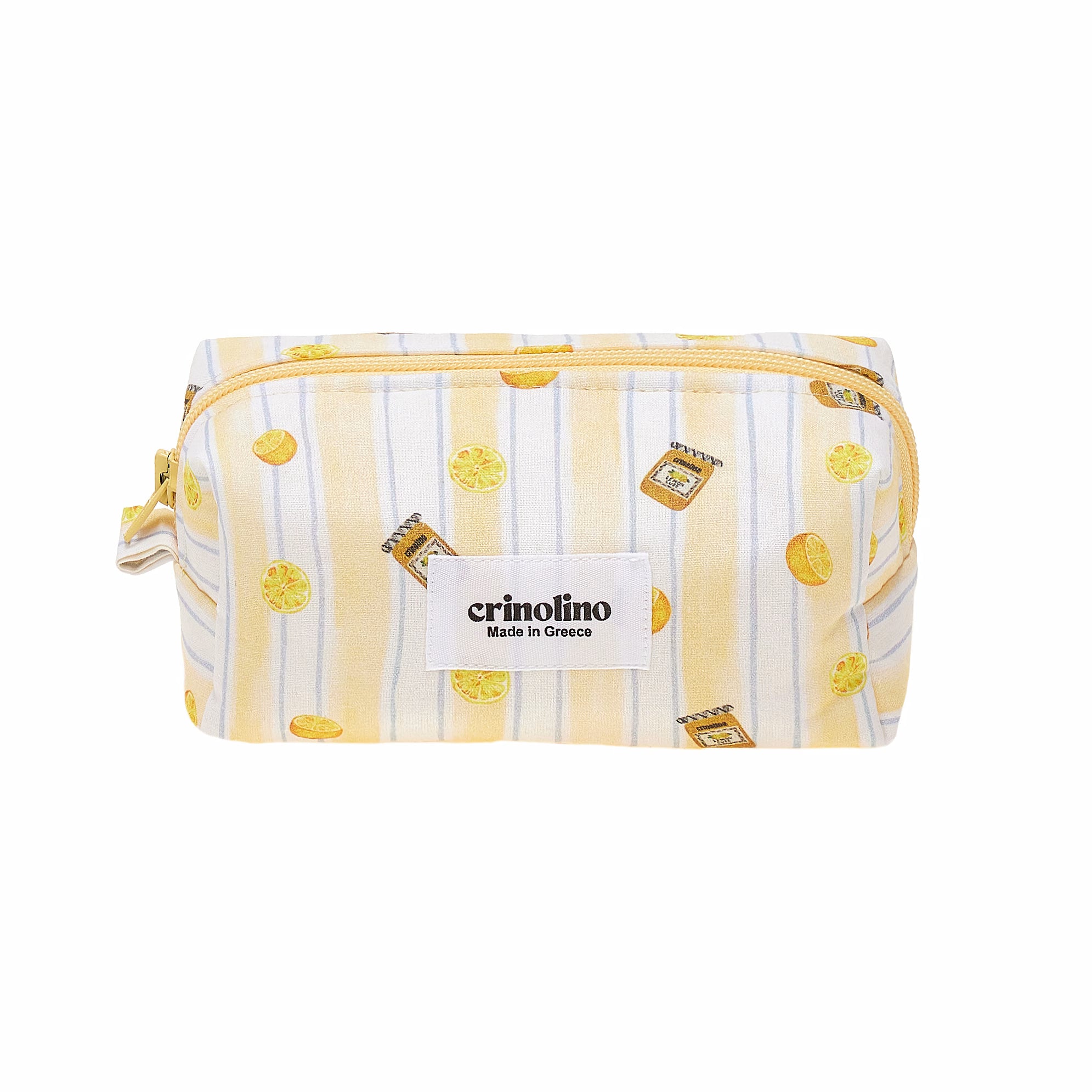 Striped pouch with yellow lemon pattern and Crinolino label on a white background