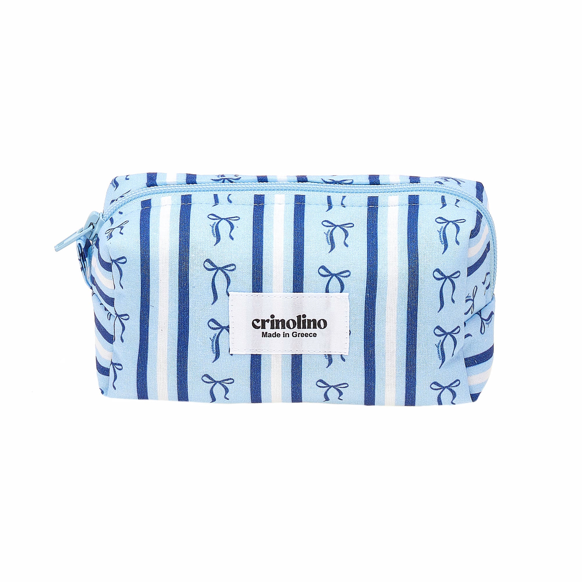 Blue striped pouch with bow pattern and Crinolino label on a white background