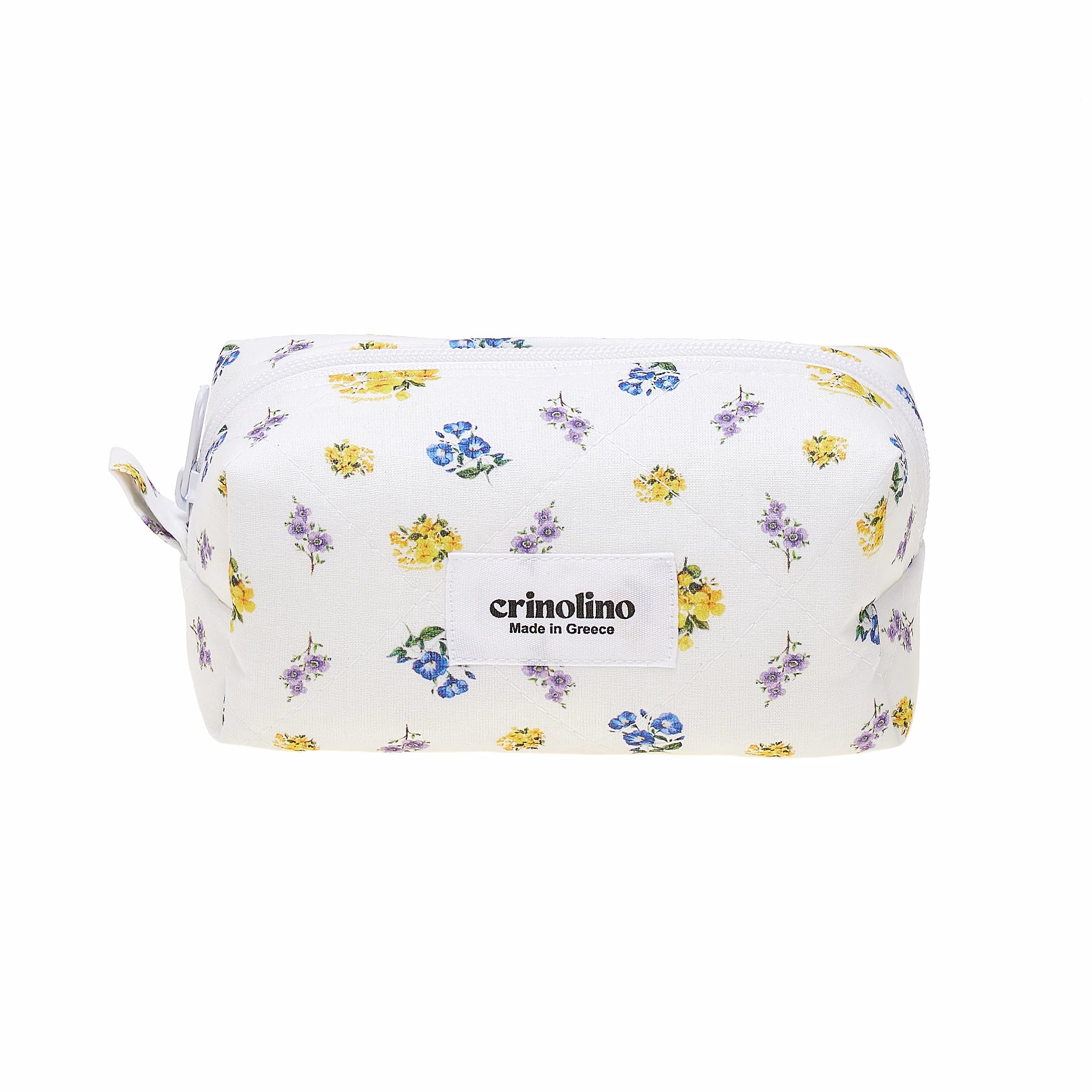 Floral-patterned pouch with 'crinolino' branding on a white background