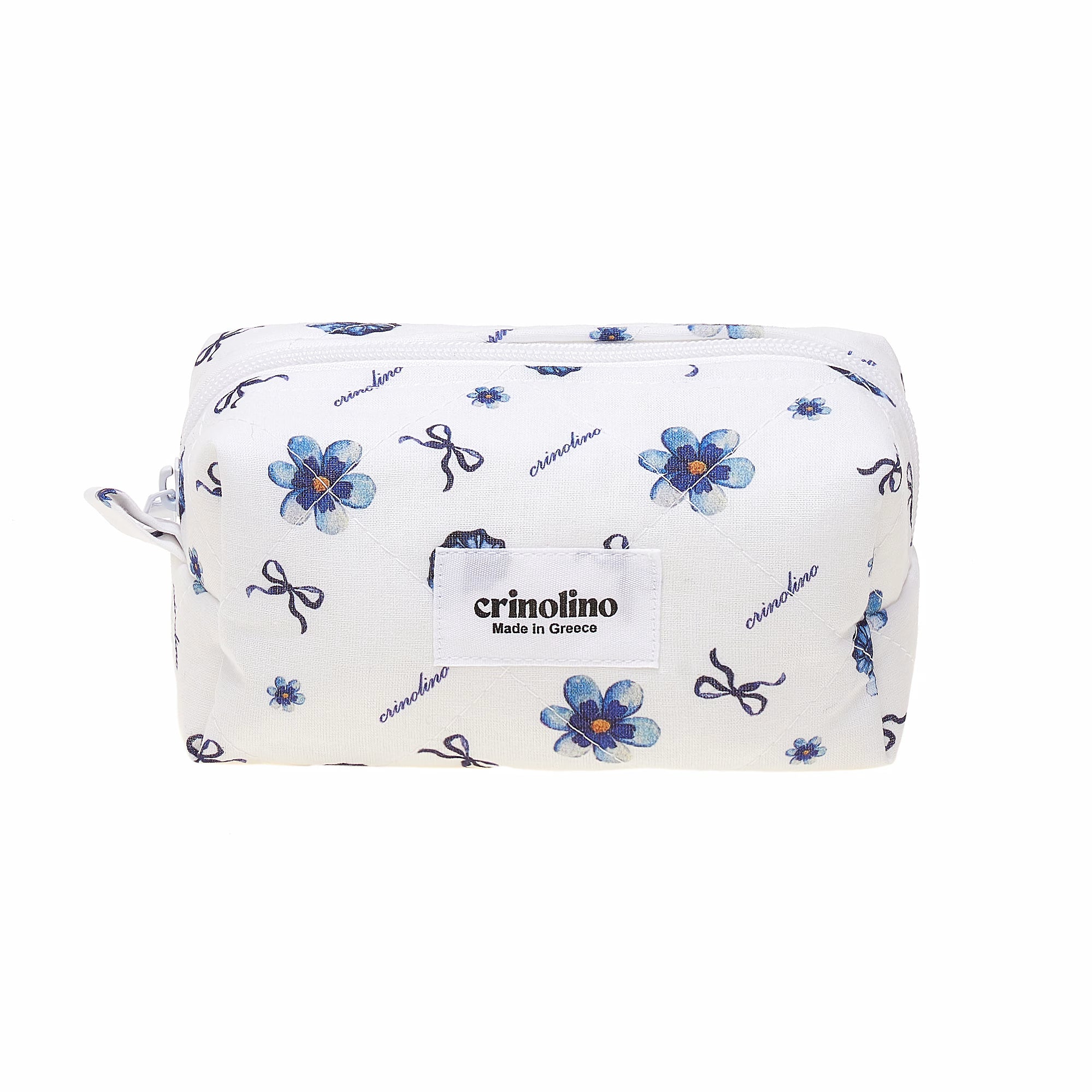 White pouch with floral and bow pattern and 'crinolino' branding on a white background