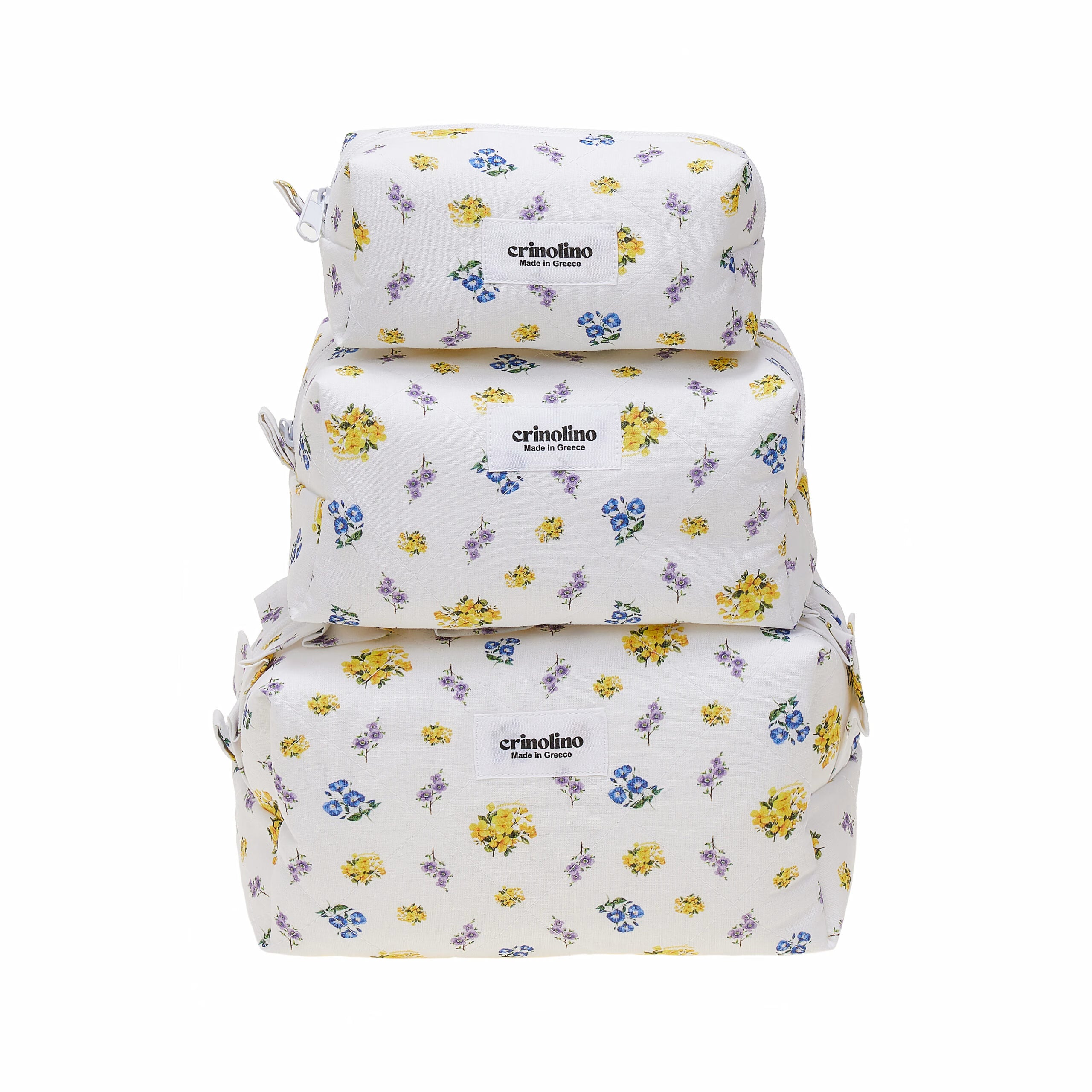 Set of three floral-patterned bags stacked on a white background with 'crinolino' branding.