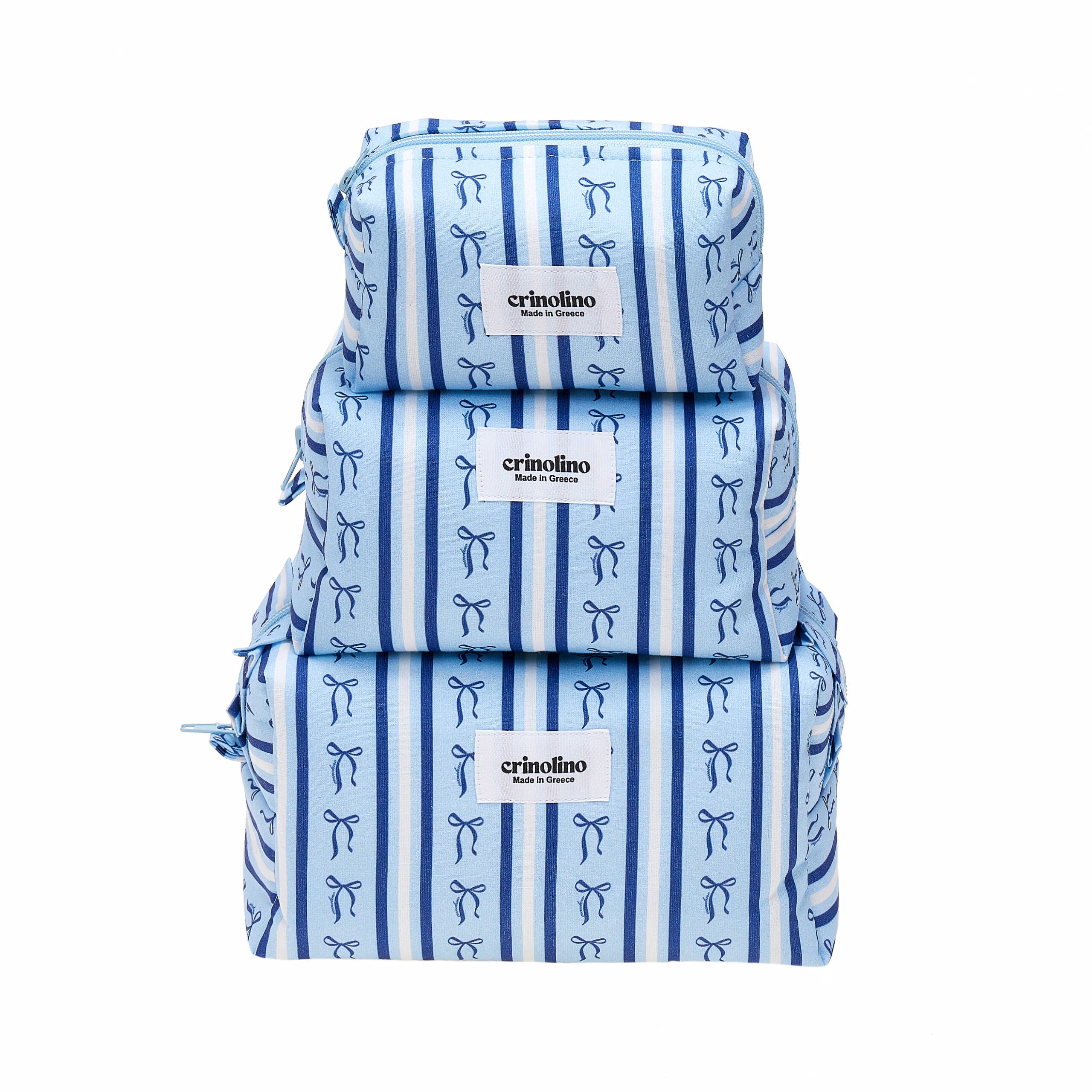 Stack of blue and white striped bags with 'crinolino' branding on a white background