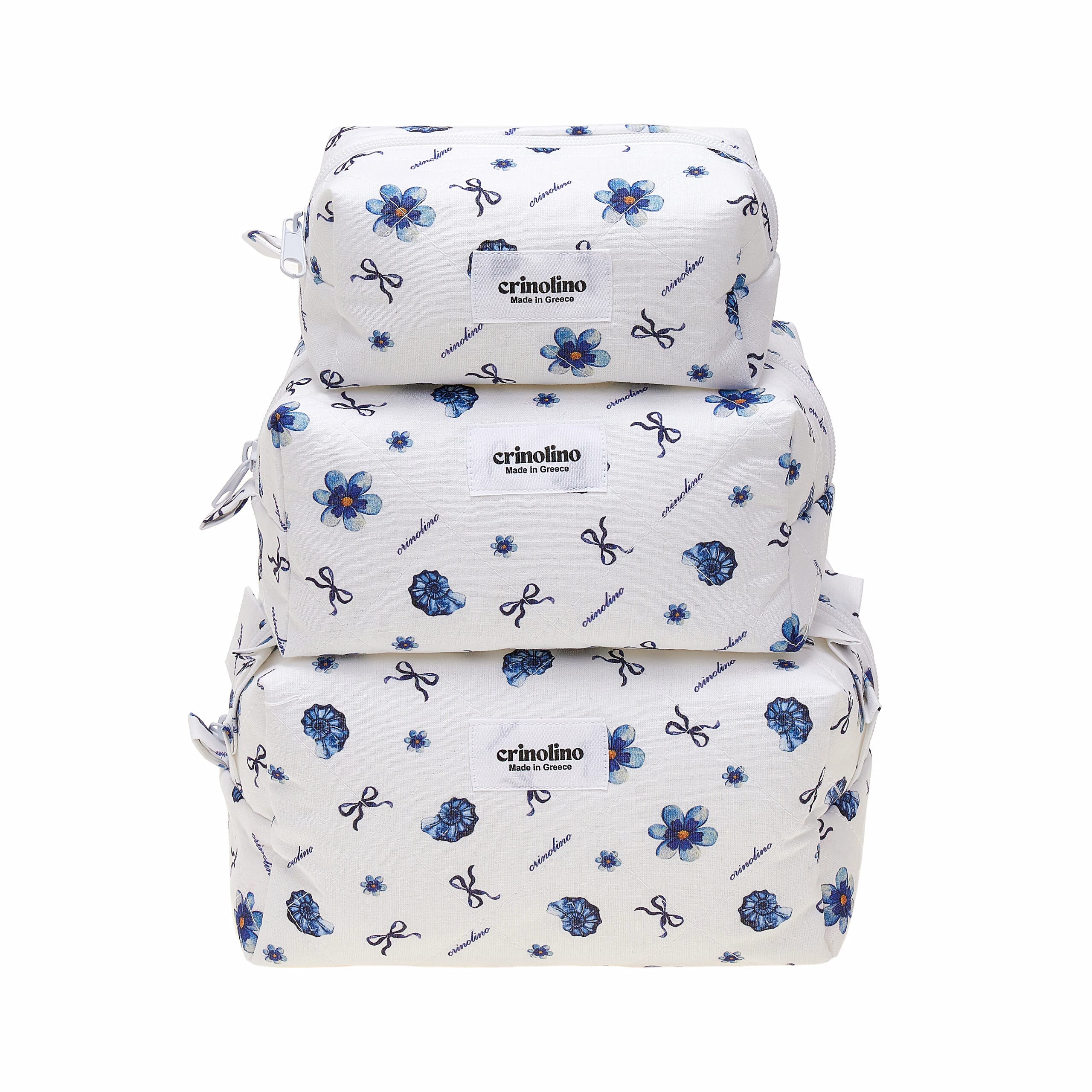Set of three floral-patterned bags stacked on a white background with 'crinolino' branding.