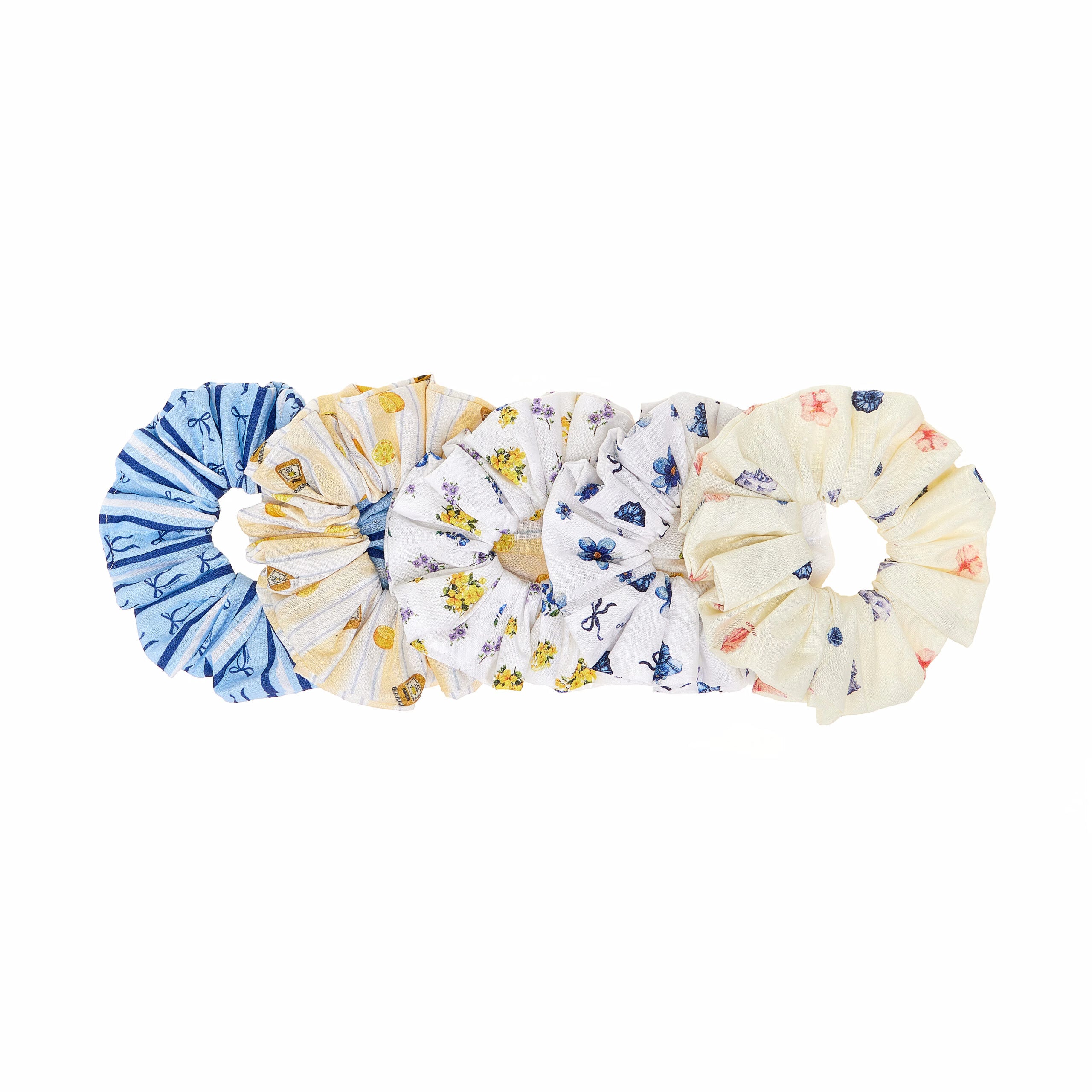 Set of colorful scrunchies on a white background