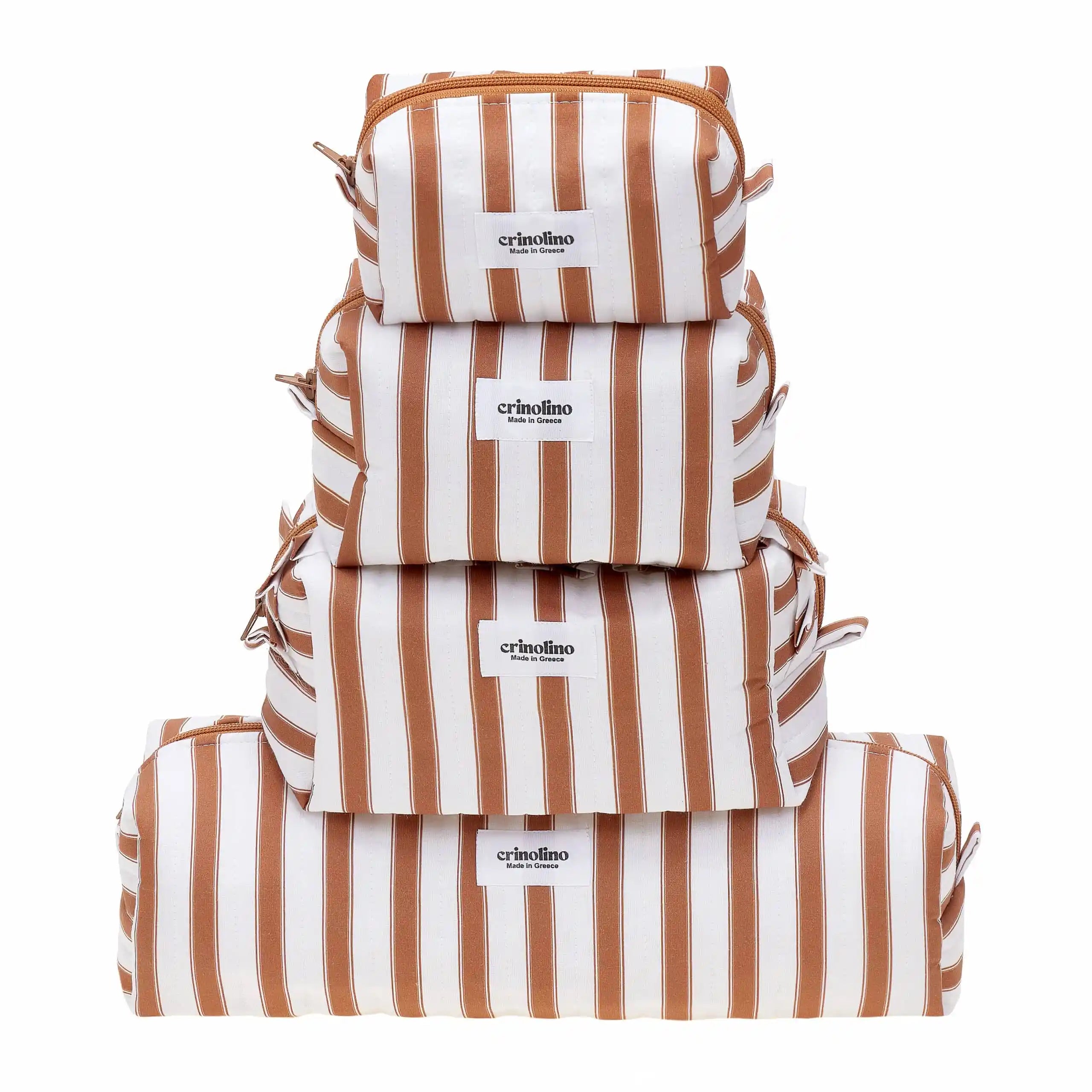 Set of three striped bags in brown and white with 'crinolino' branding on a white background.