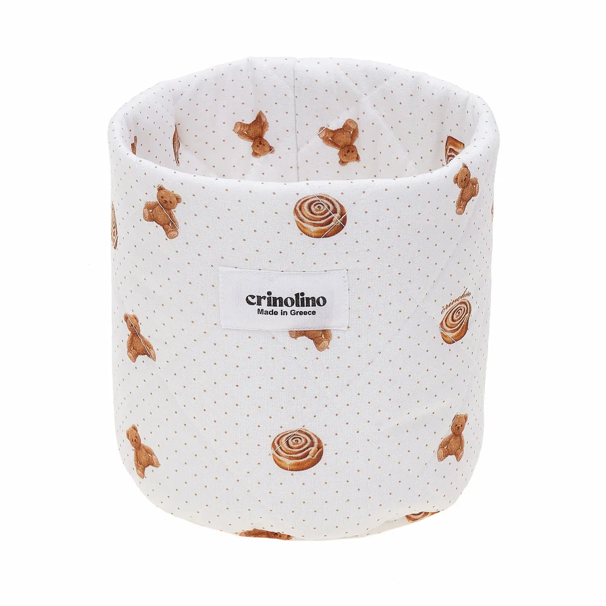 White container with brown bear and cinnamon roll patterns on a white background, featuring the brand 'crinolino'.