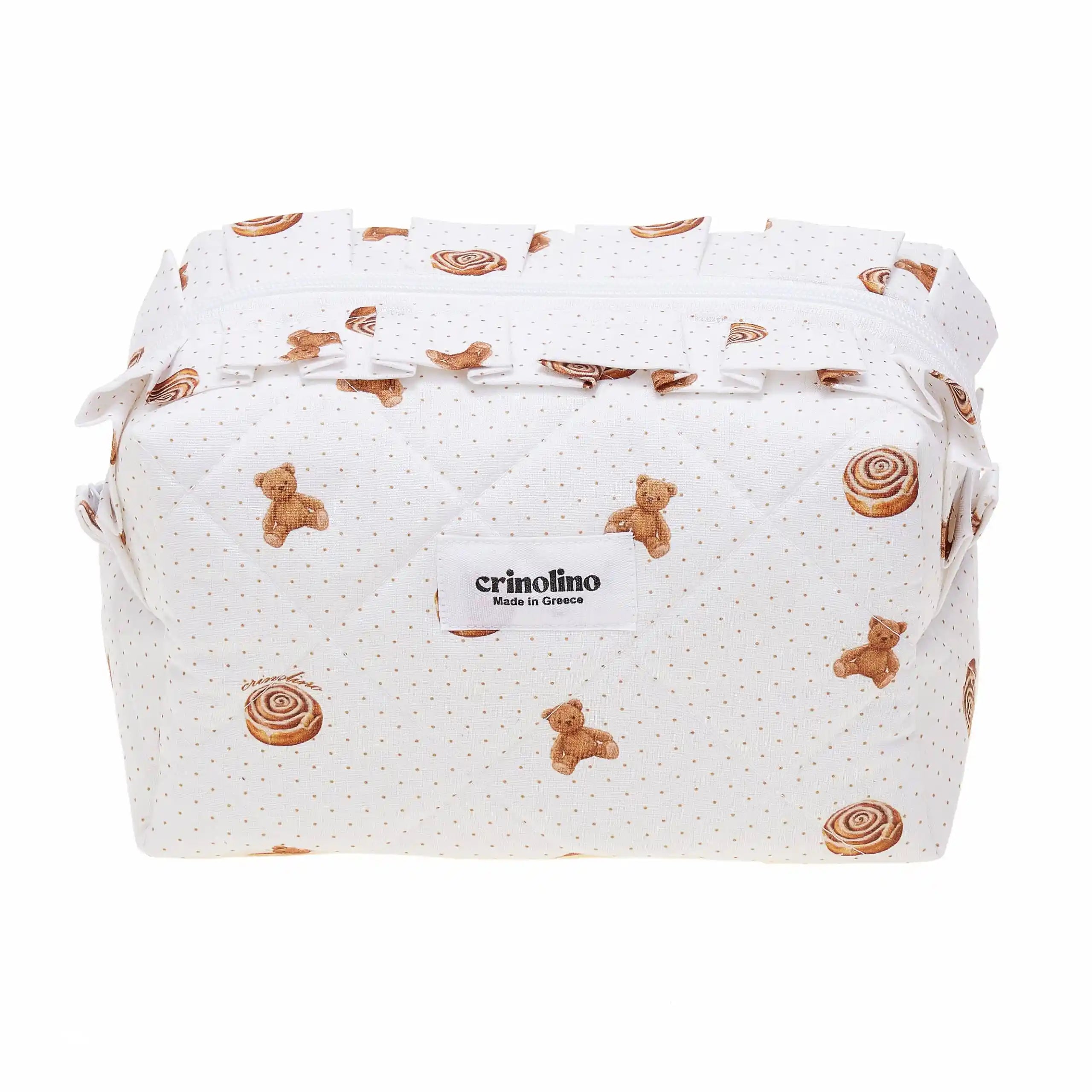 Baby diaper bag with teddy bear and swirl pattern on a white background