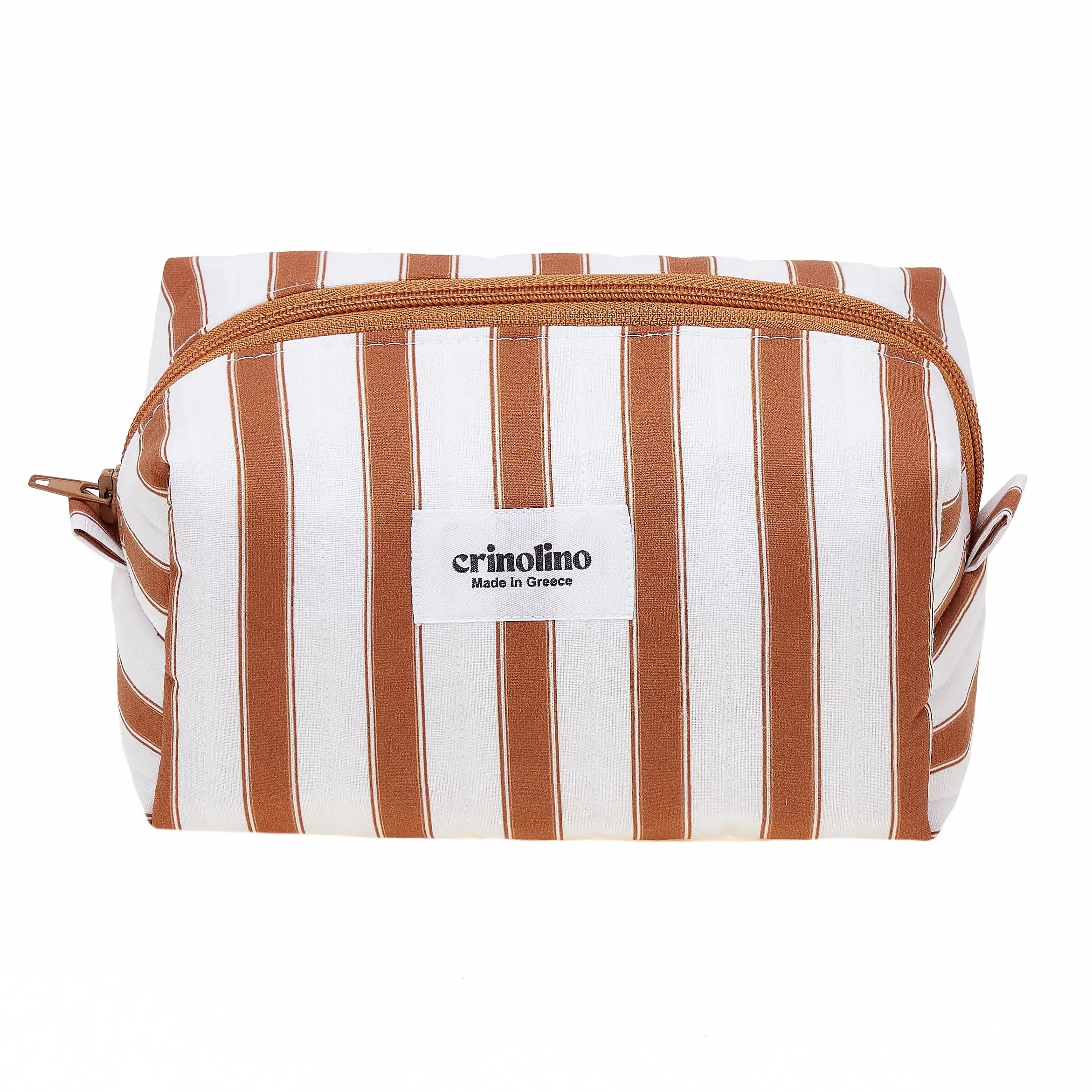 Striped toiletry bag with 'crinolino' brand label on a white background