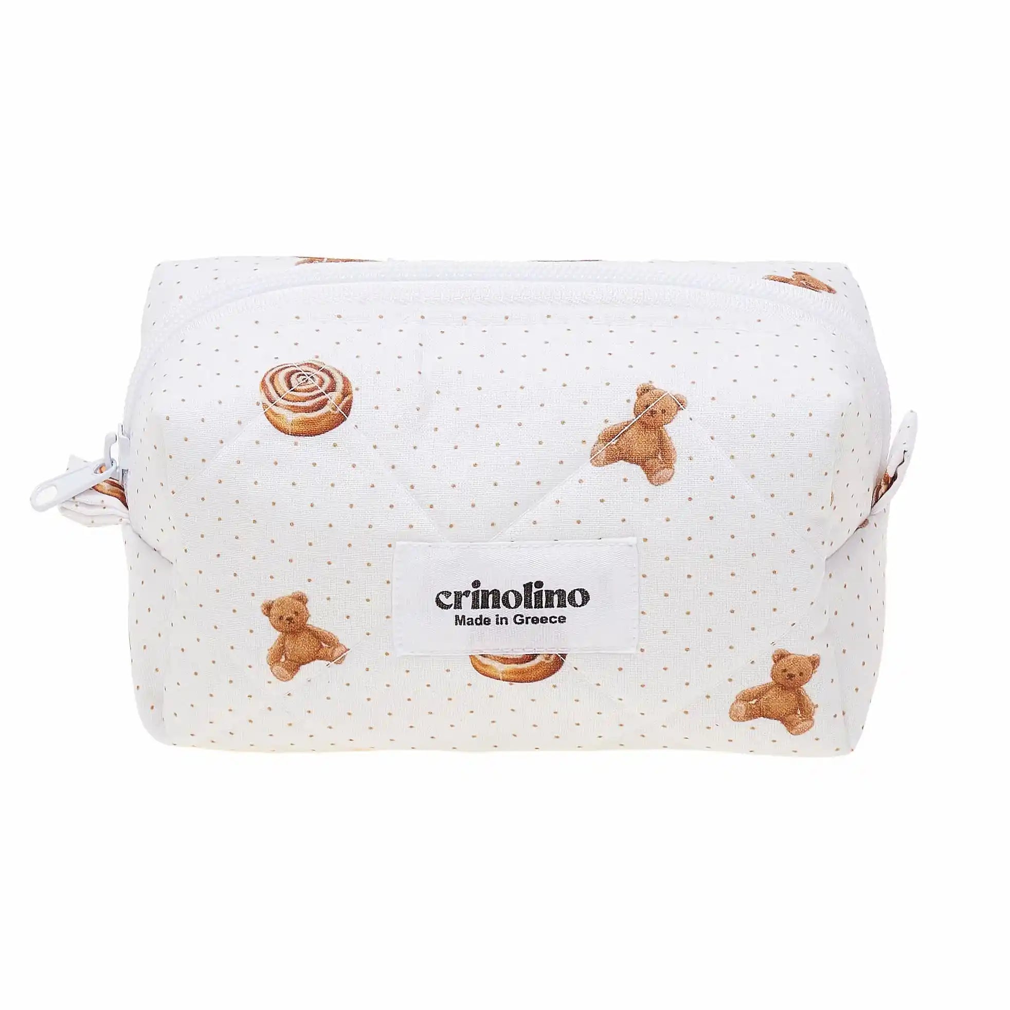 White pouch with teddy bear patterns and 'crinolino' branding on a white background