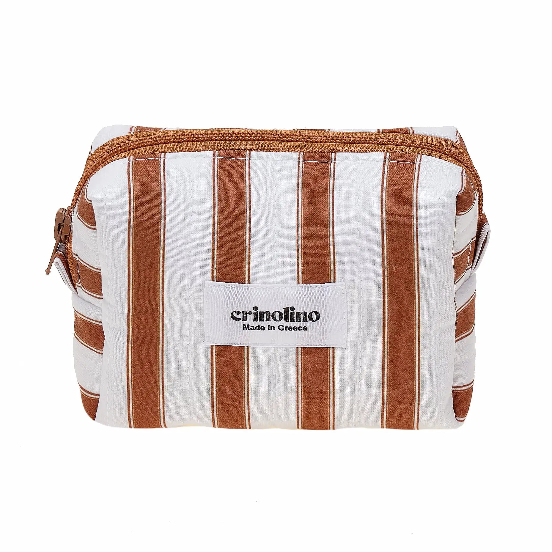 Striped pouch with brown and white pattern and 'crinolino' label on a white background