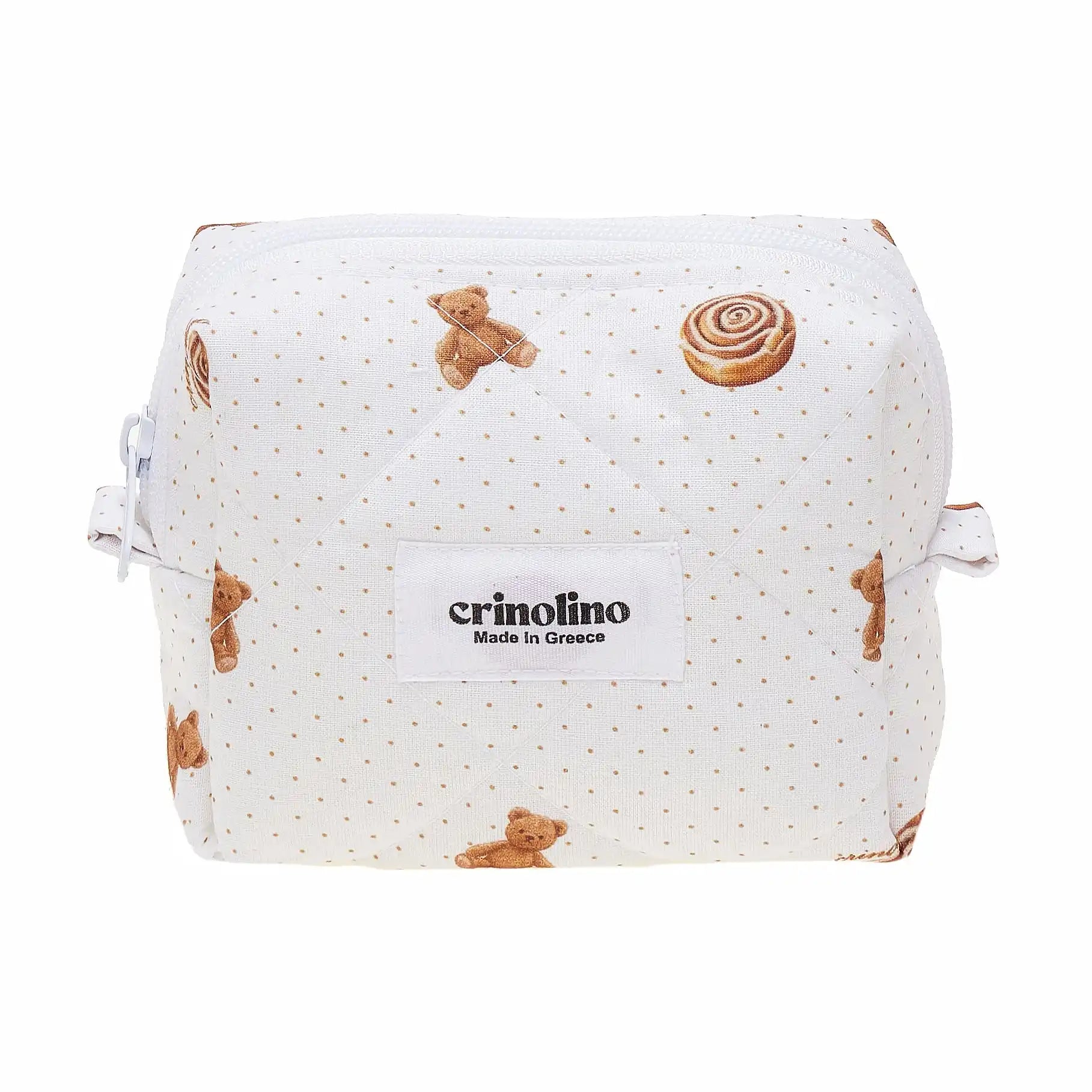 White pouch with teddy bear and bun patterns and 'crinolino' branding on a white background