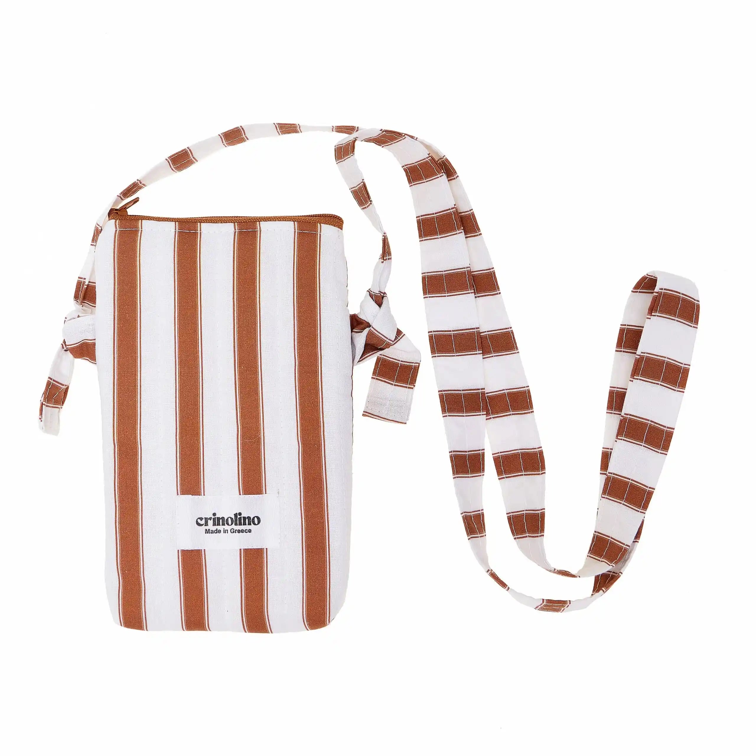 Striped bag with a long strap on a white background