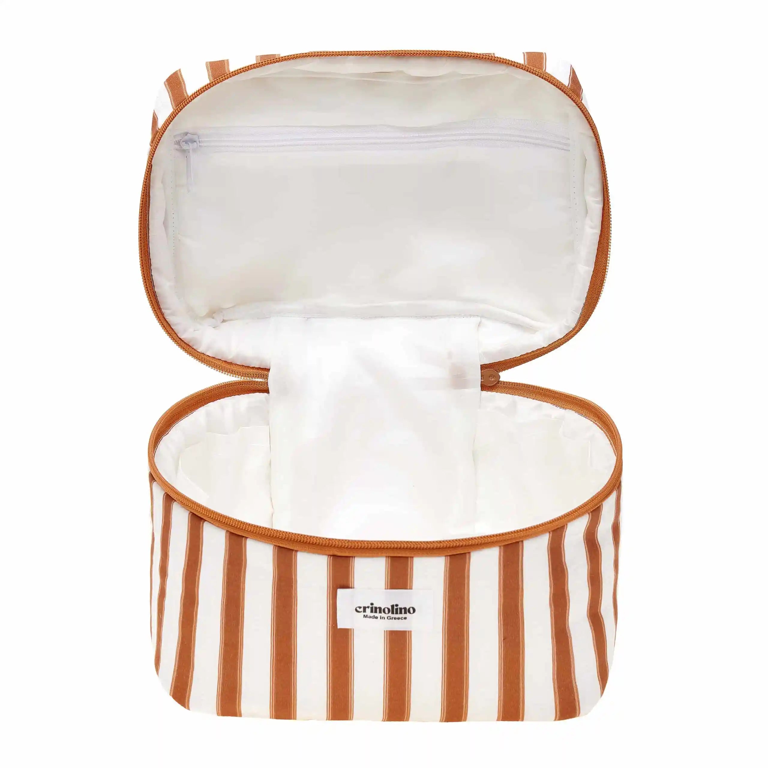 Open striped jewelry box with a white interior on a white background